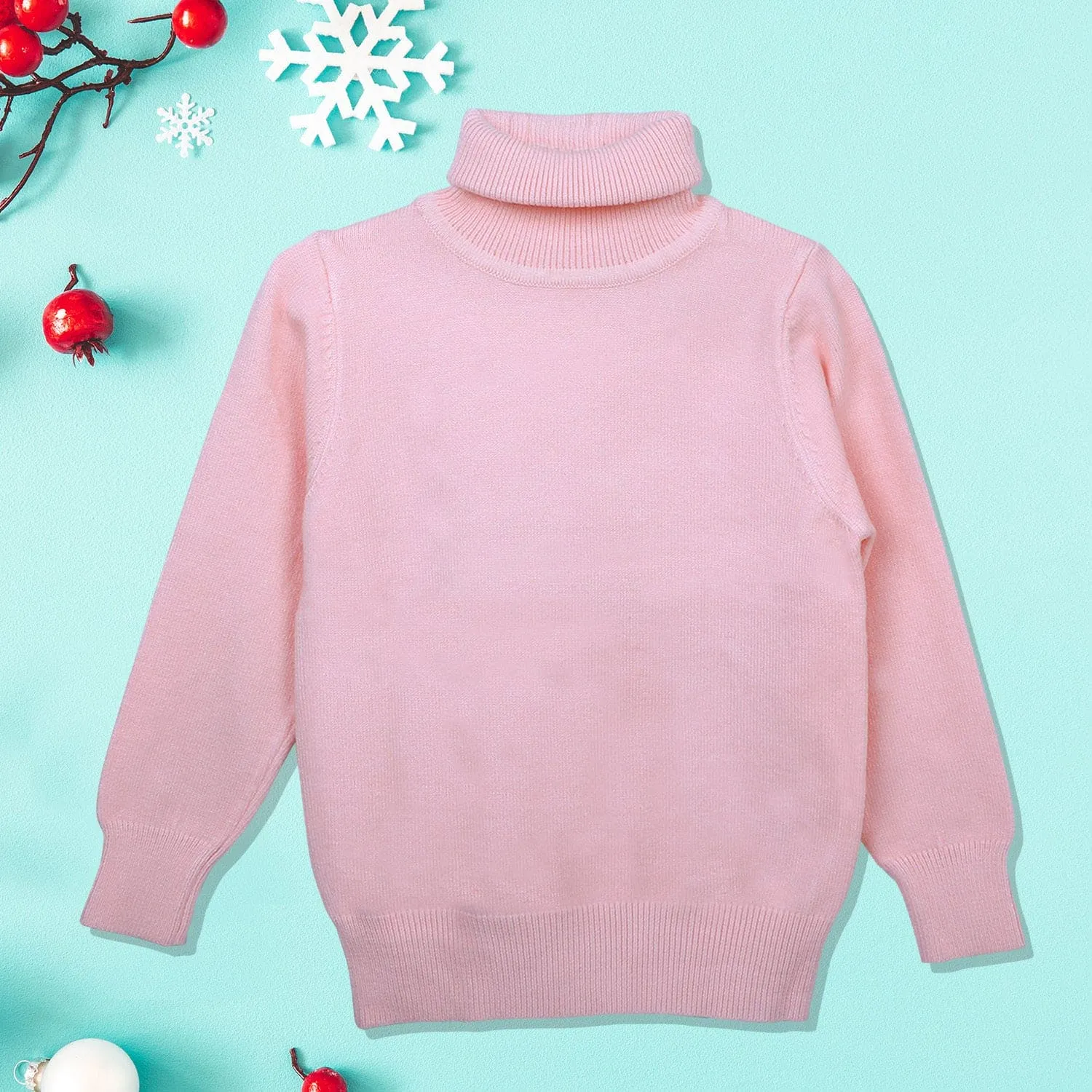 Basic Polo Neck Ribbed Premium Full Sleeves Knitted Kids Sweater - Pink