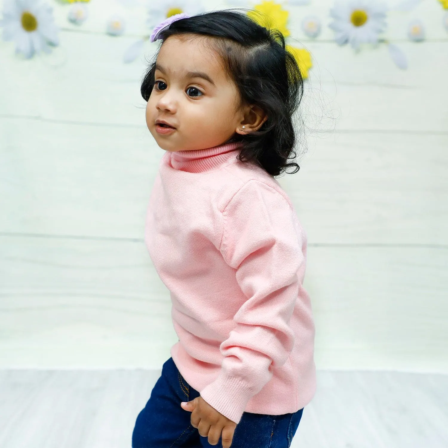 Basic Polo Neck Ribbed Premium Full Sleeves Knitted Kids Sweater - Pink