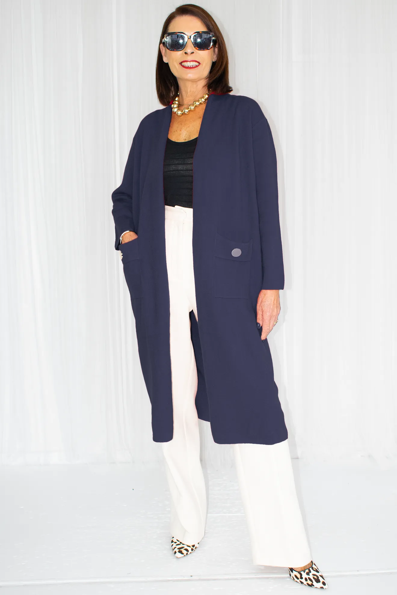 Claudia Longline Knit Jacket with gold accents in Navy