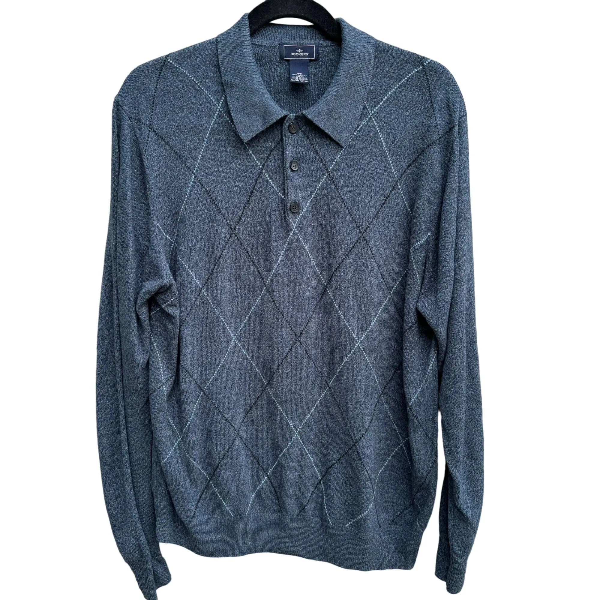 Dockers Mens Blue Argyle Long Sleeve Polo Retro Lightweight Grandpa Sweater M