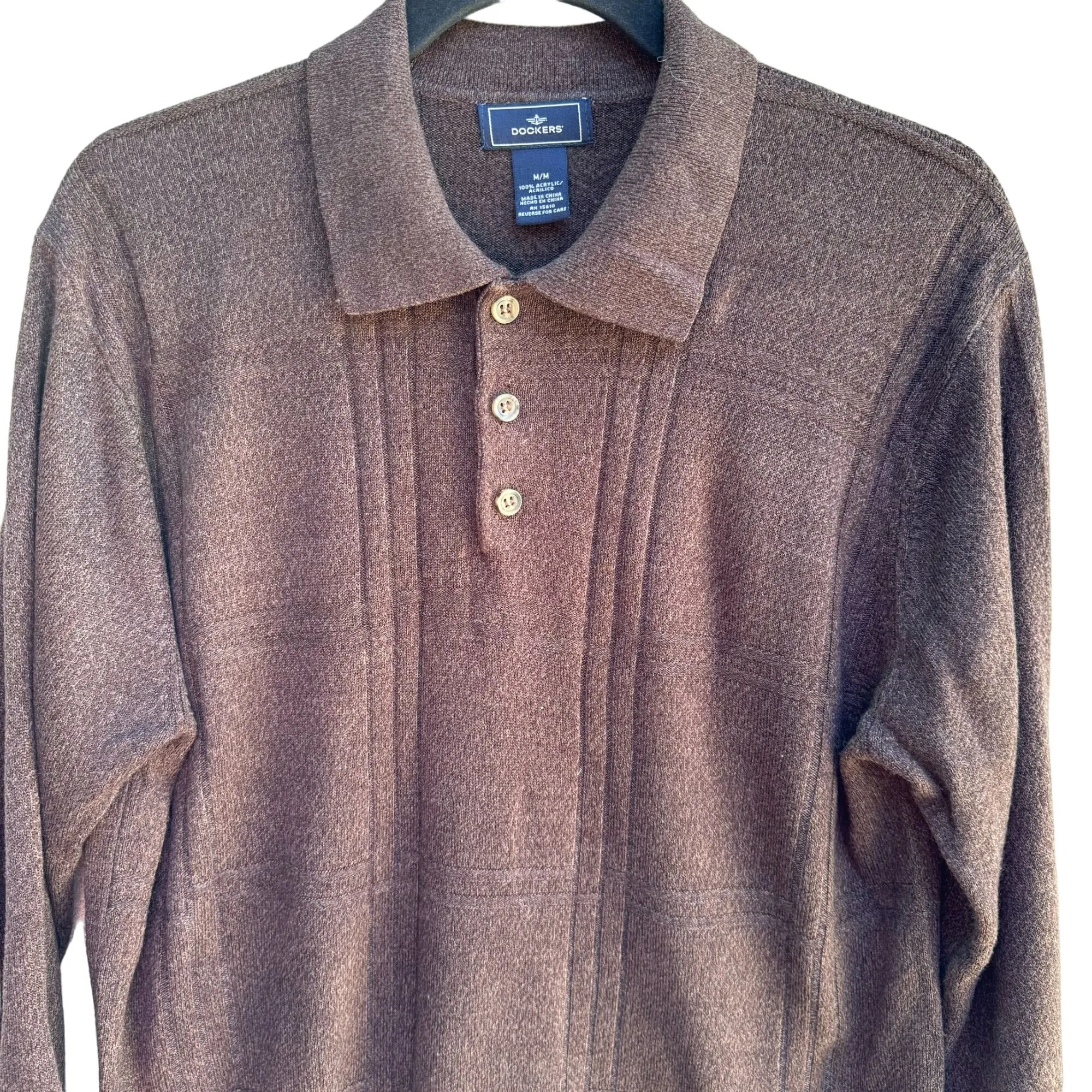 Dockers Mens Brown Long Sleeve Polo Collar Knit Retro Style Grandpa Sweater Med