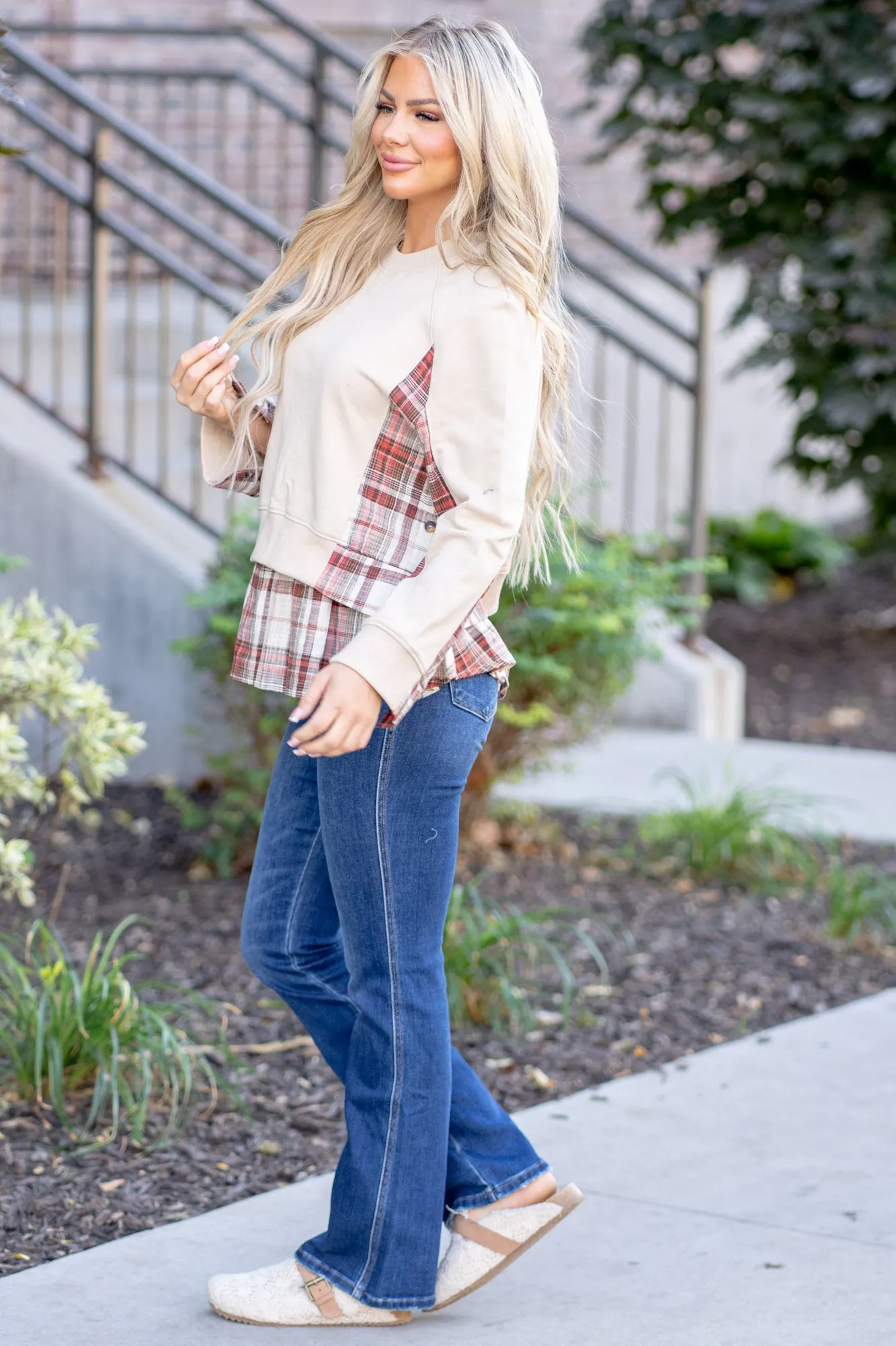 Double Layered Plaid Contrast Sweatshirt Regular & Plus Sizes