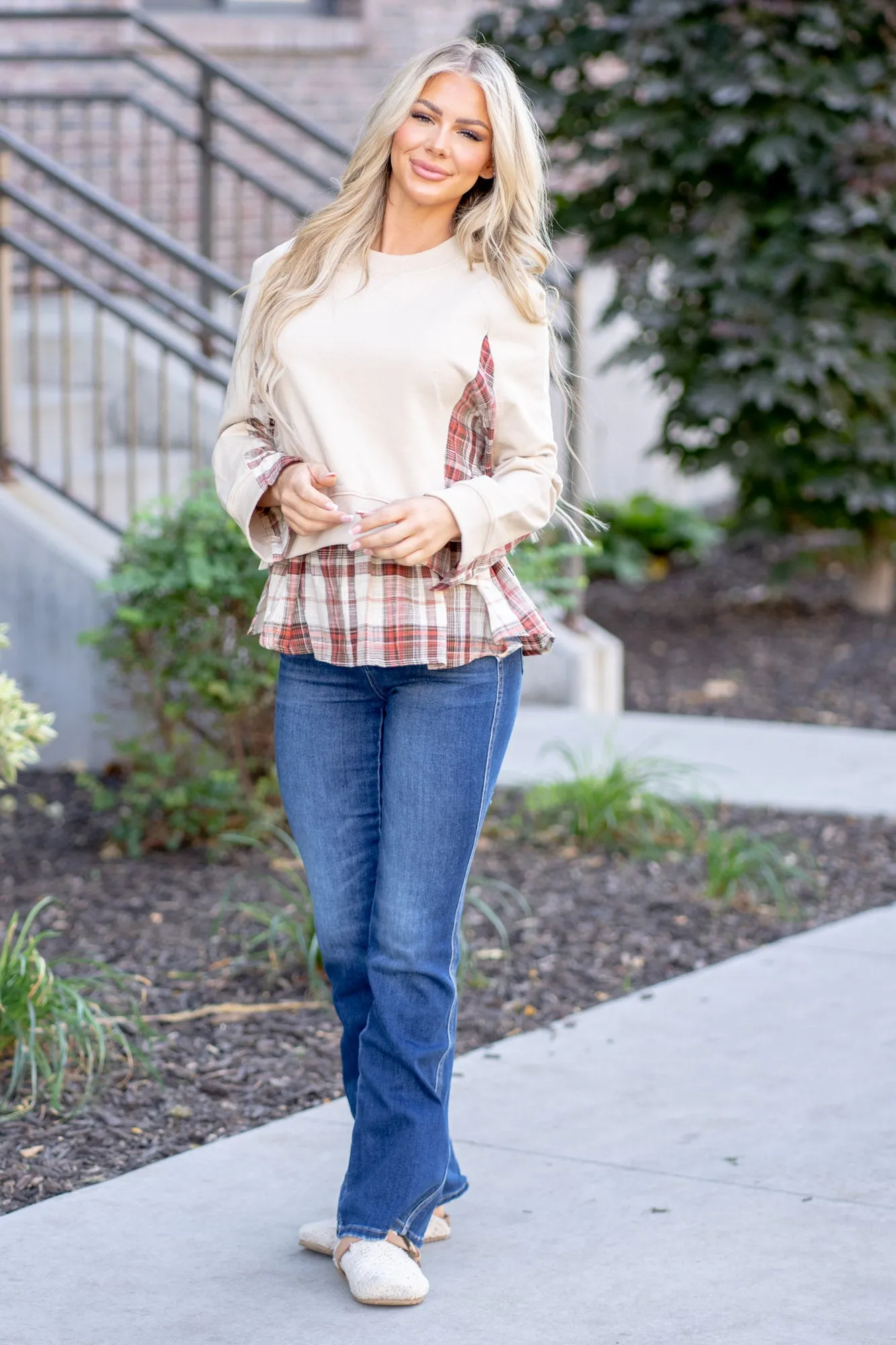 Double Layered Plaid Contrast Sweatshirt Regular & Plus Sizes