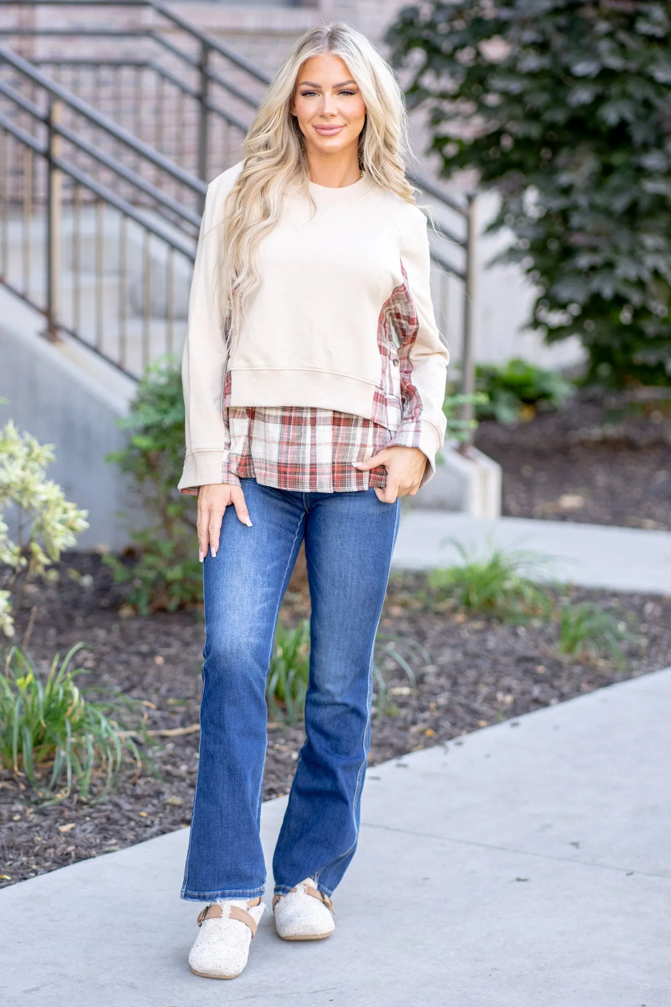 Double Layered Plaid Contrast Sweatshirt Regular & Plus Sizes