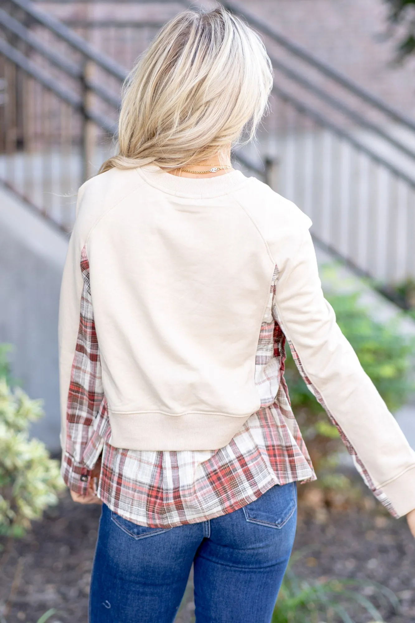 Double Layered Plaid Contrast Sweatshirt Regular & Plus Sizes