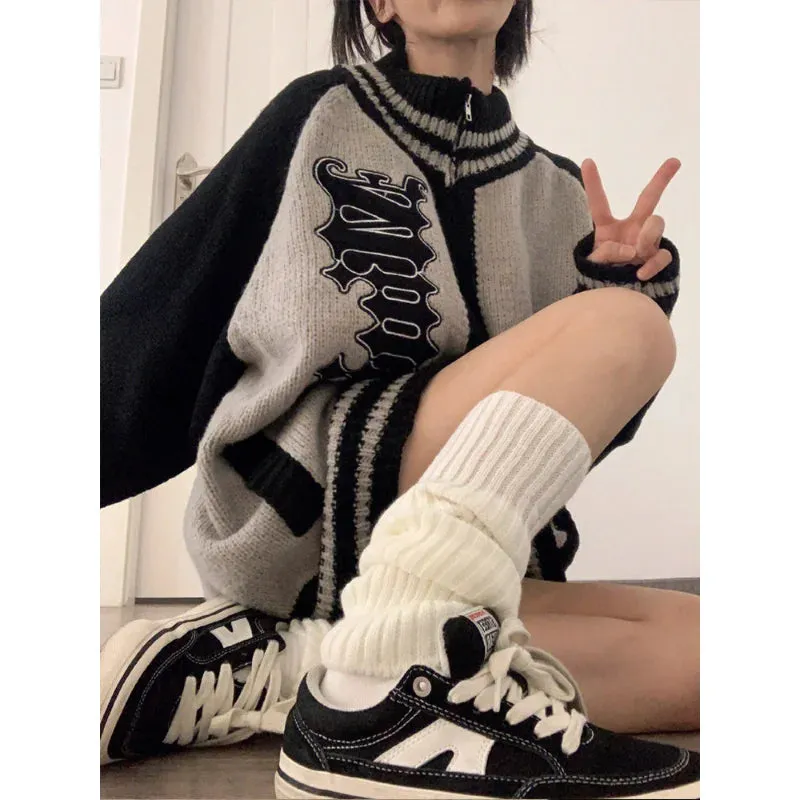 Fashionkova Streetwear Y2k Zip Sweater Cardigan Women Retro Grey Striped Patchwork Oversize Letter Jumper Korean Style Knitted Top