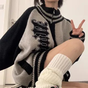 Fashionkova Streetwear Y2k Zip Sweater Cardigan Women Retro Grey Striped Patchwork Oversize Letter Jumper Korean Style Knitted Top