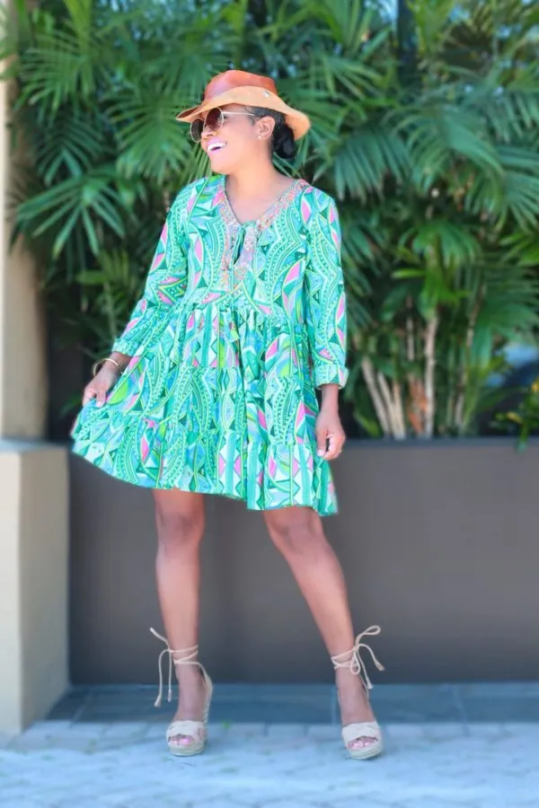 Go With the Flow | Green & Pink Embroidered Tunic Mini Dress