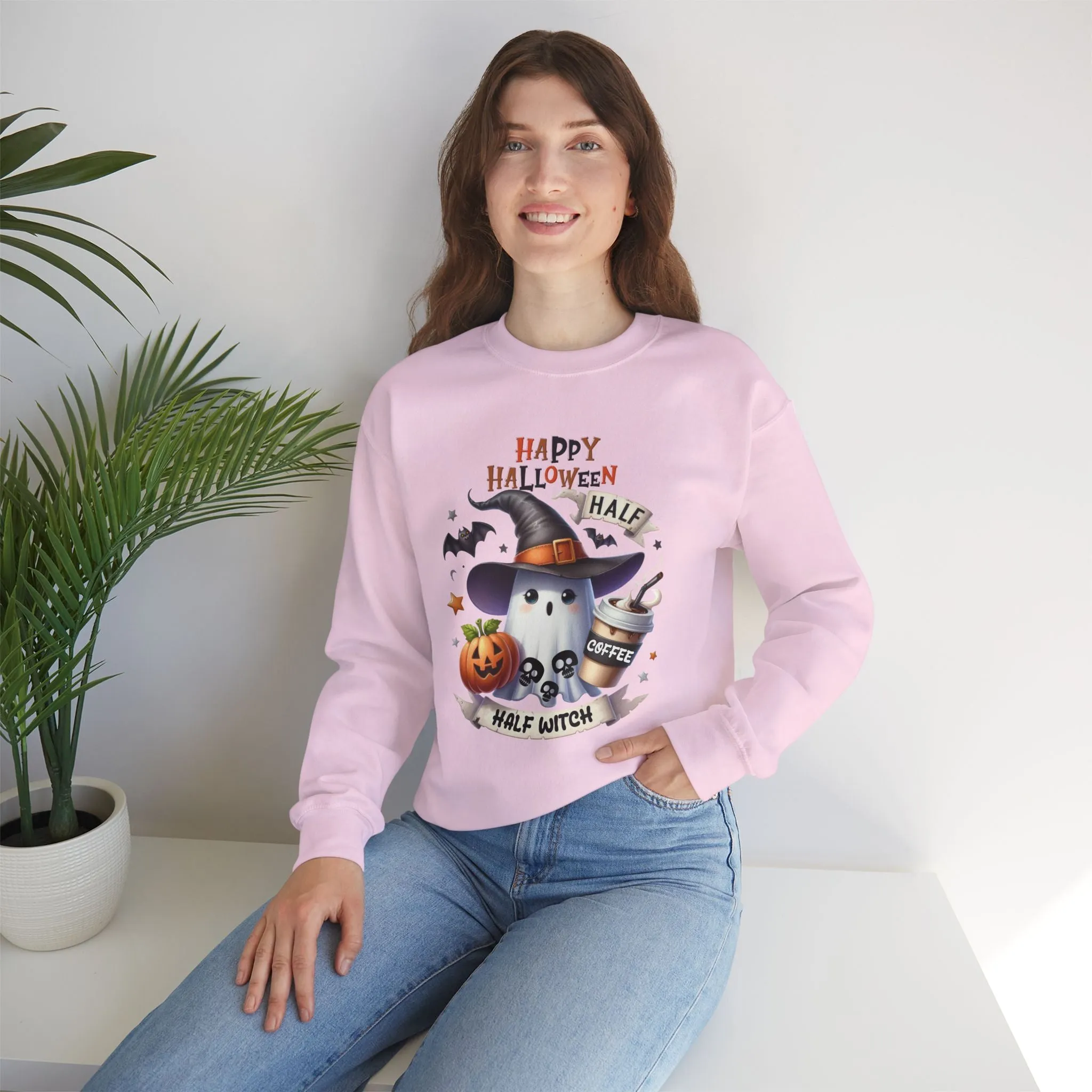 Half Coffee Half Witch sweatshirt, Happy Halloween Sweatshirt - Unisex Heavy Blend Crewneck, Halloween Sweatshirt, Cute Spooky Ghost sweatshirt.