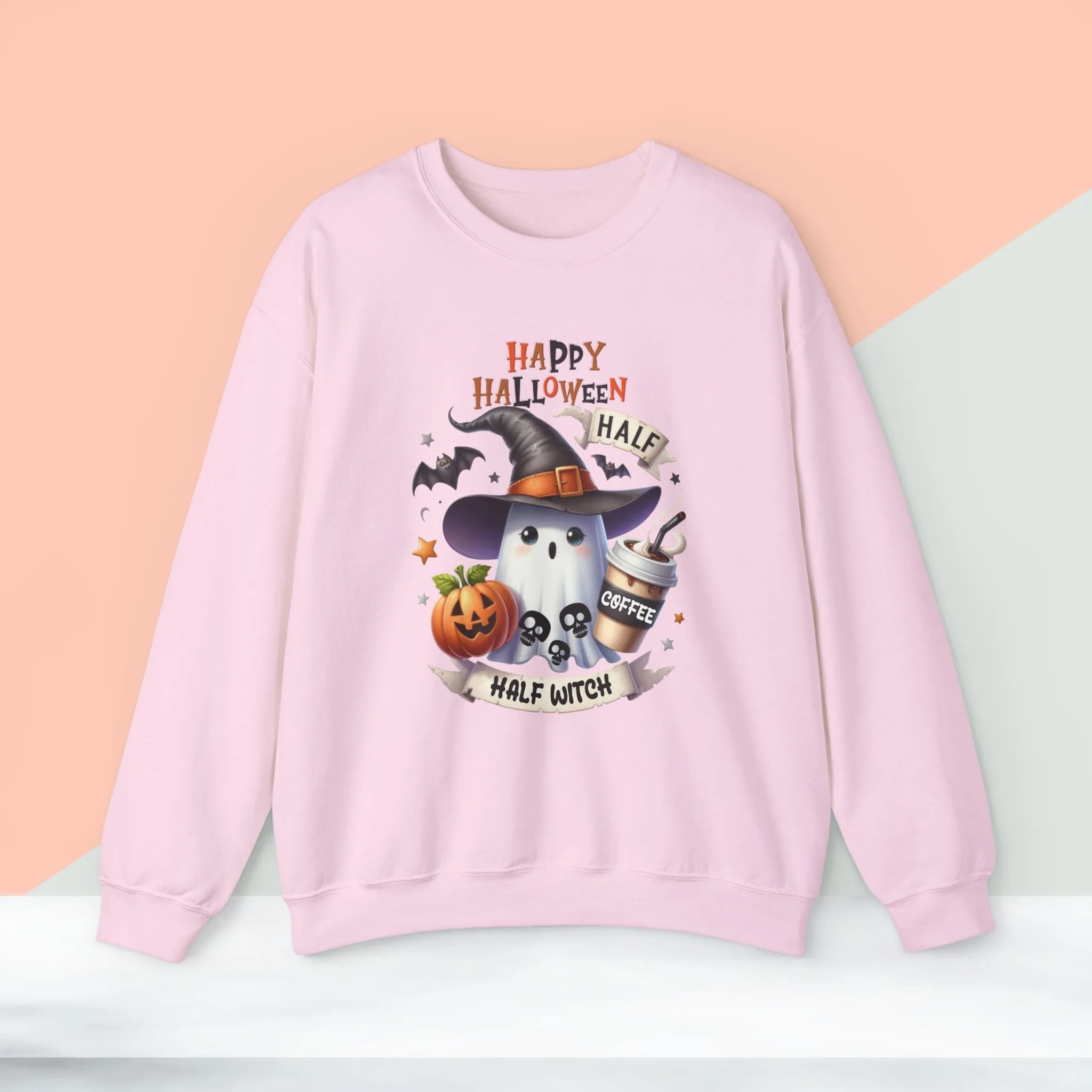 Half Coffee Half Witch sweatshirt, Happy Halloween Sweatshirt - Unisex Heavy Blend Crewneck, Halloween Sweatshirt, Cute Spooky Ghost sweatshirt.