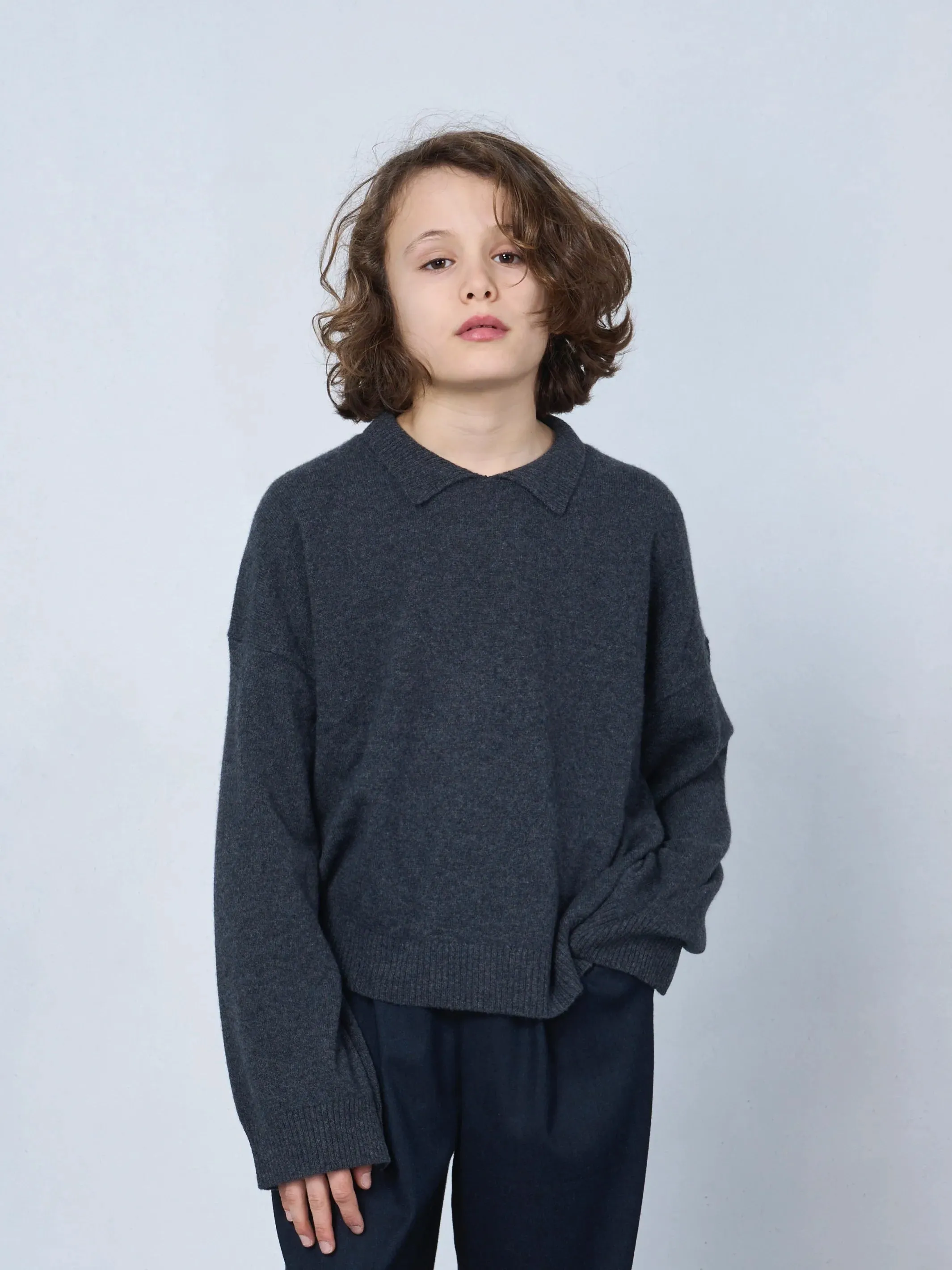 Kids' Cashmere Collared Polo Sweater Anthracite