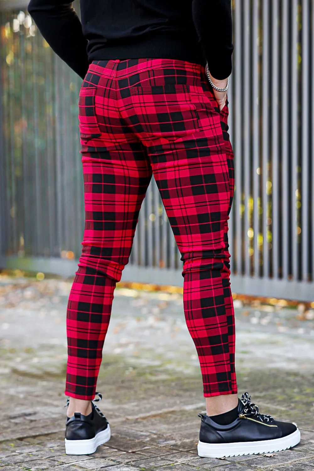 Mens Red And Black Plaid Skinny Pant