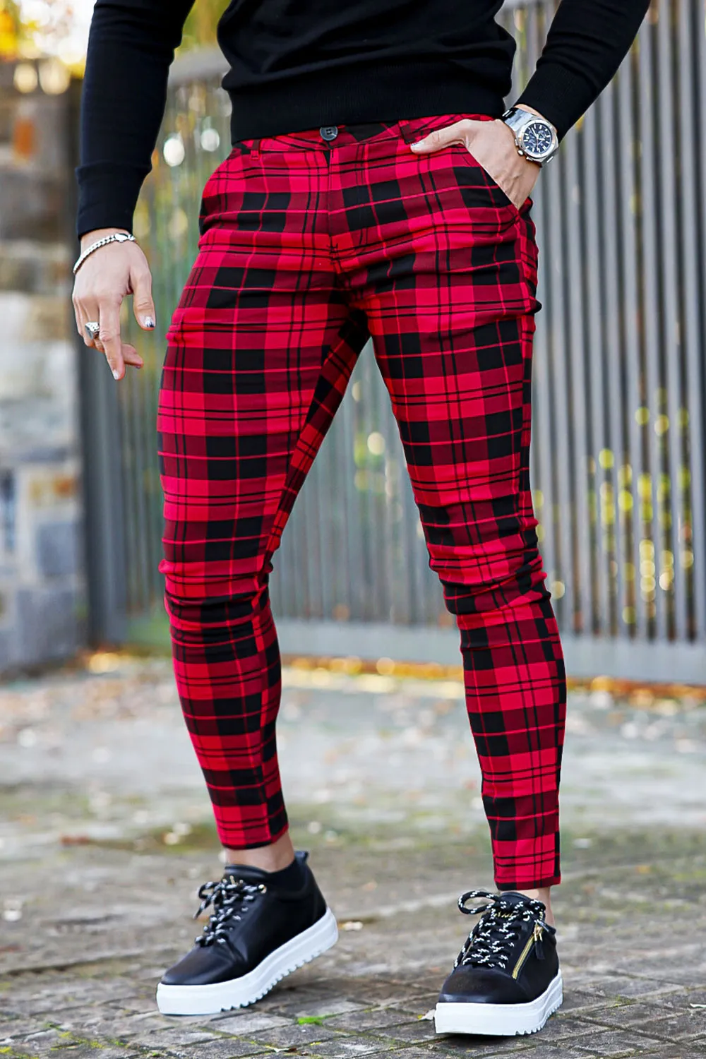 Mens Red And Black Plaid Skinny Pant