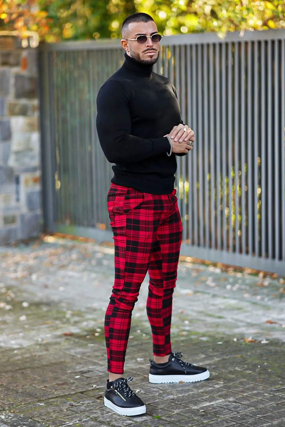 Mens Red And Black Plaid Skinny Pant