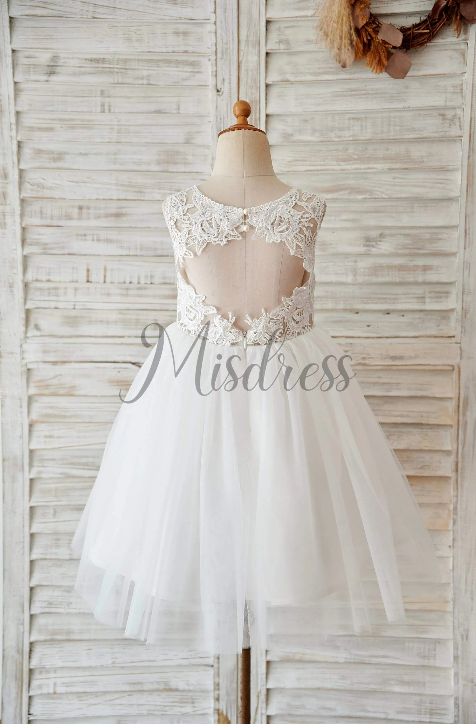 Princess Ivory Lace Tulle Keyhole Back Wedding Flower Girl Dress