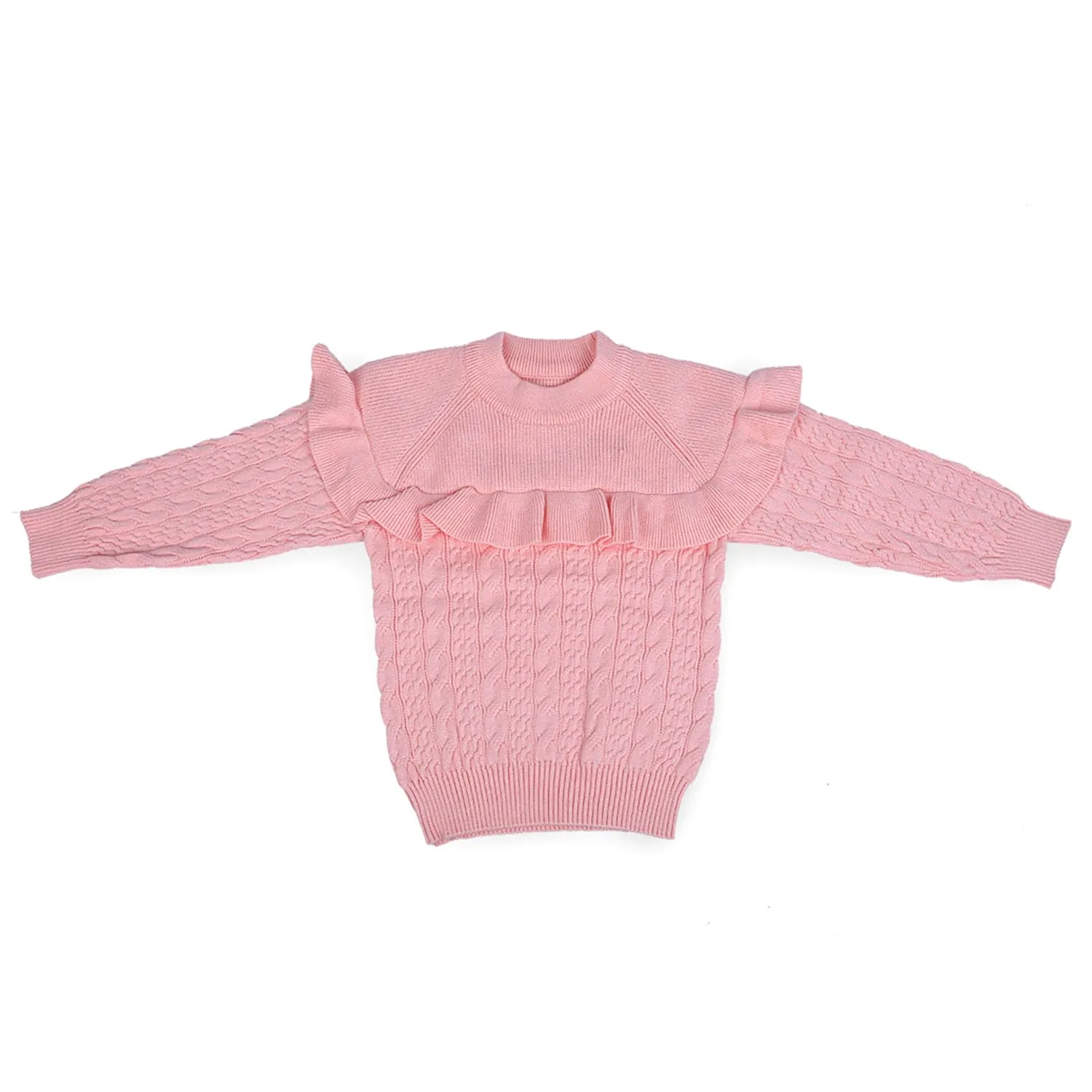 Ruffled Jumper Solid Premium Full Sleeves Braided Knit Sweater - Pink