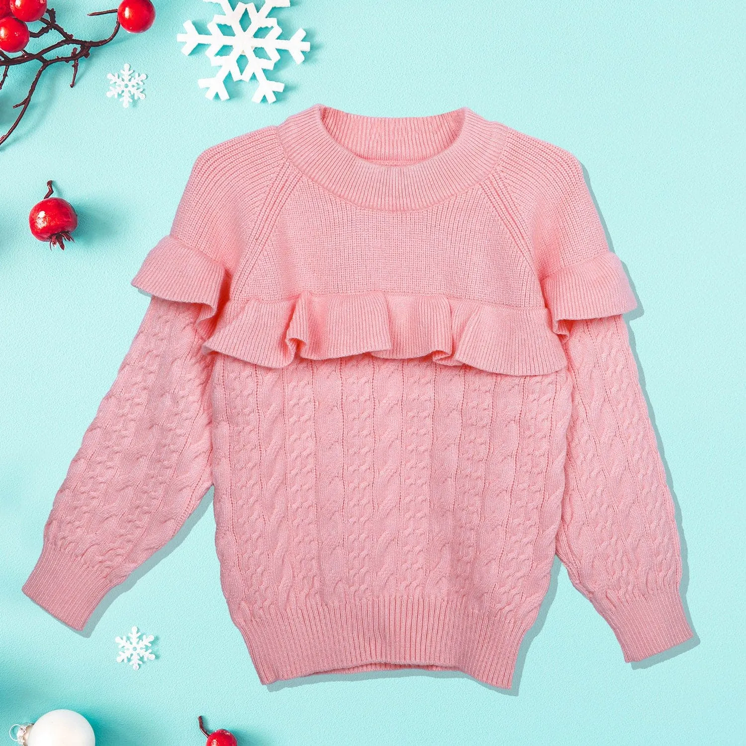 Ruffled Jumper Solid Premium Full Sleeves Braided Knit Sweater - Pink