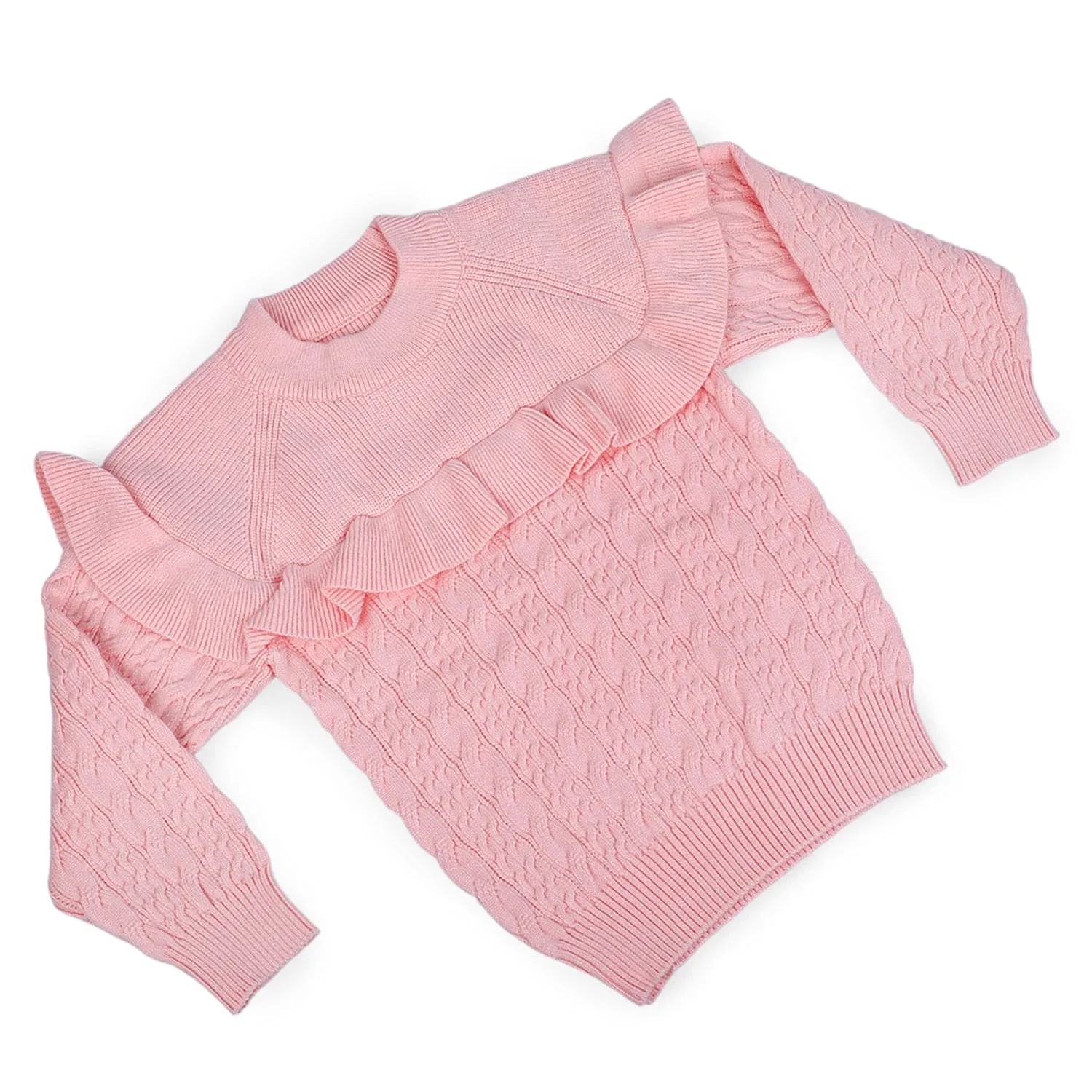 Ruffled Jumper Solid Premium Full Sleeves Braided Knit Sweater - Pink