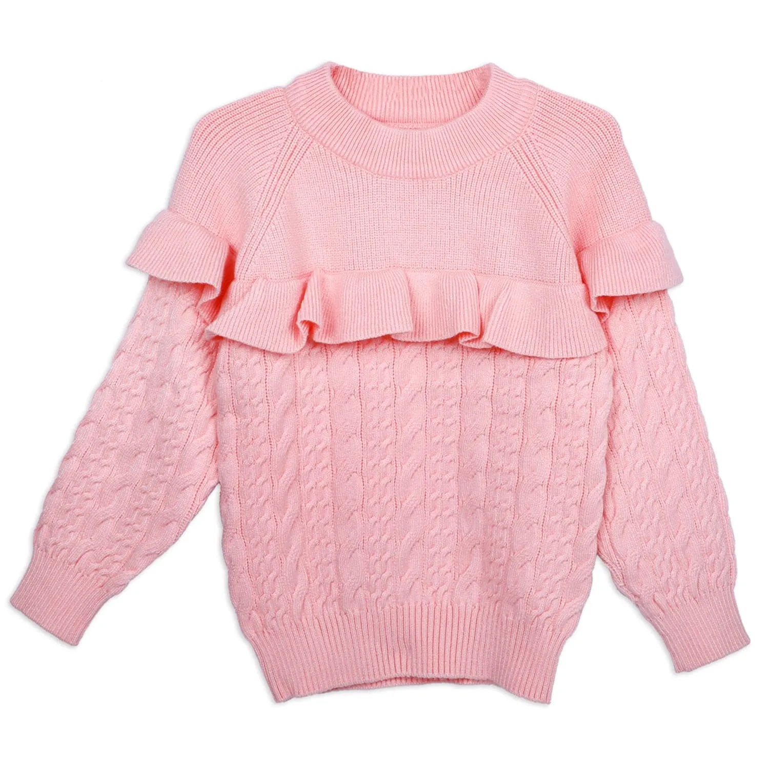 Ruffled Jumper Solid Premium Full Sleeves Braided Knit Sweater - Pink