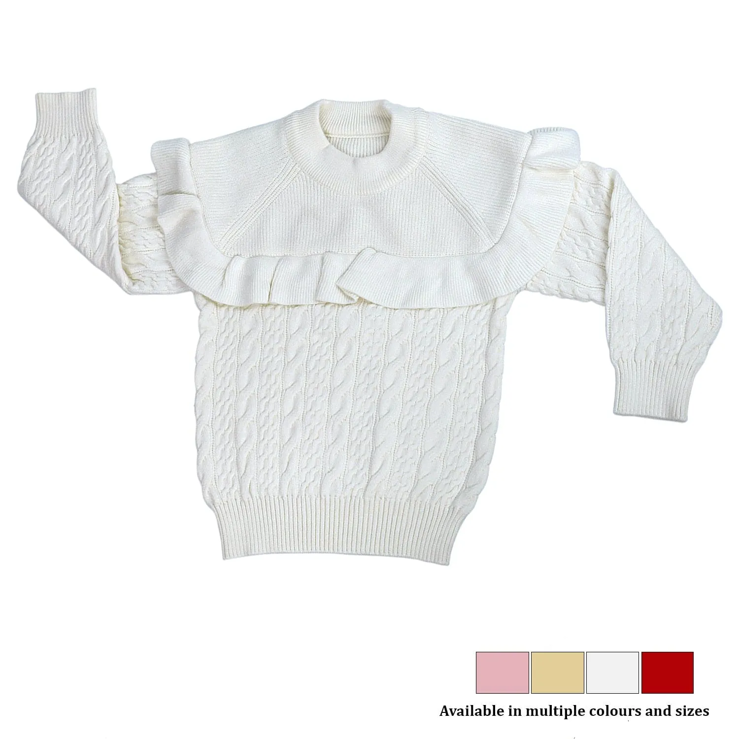 Ruffled Jumper Solid Premium Full Sleeves Braided Knit Sweater - White