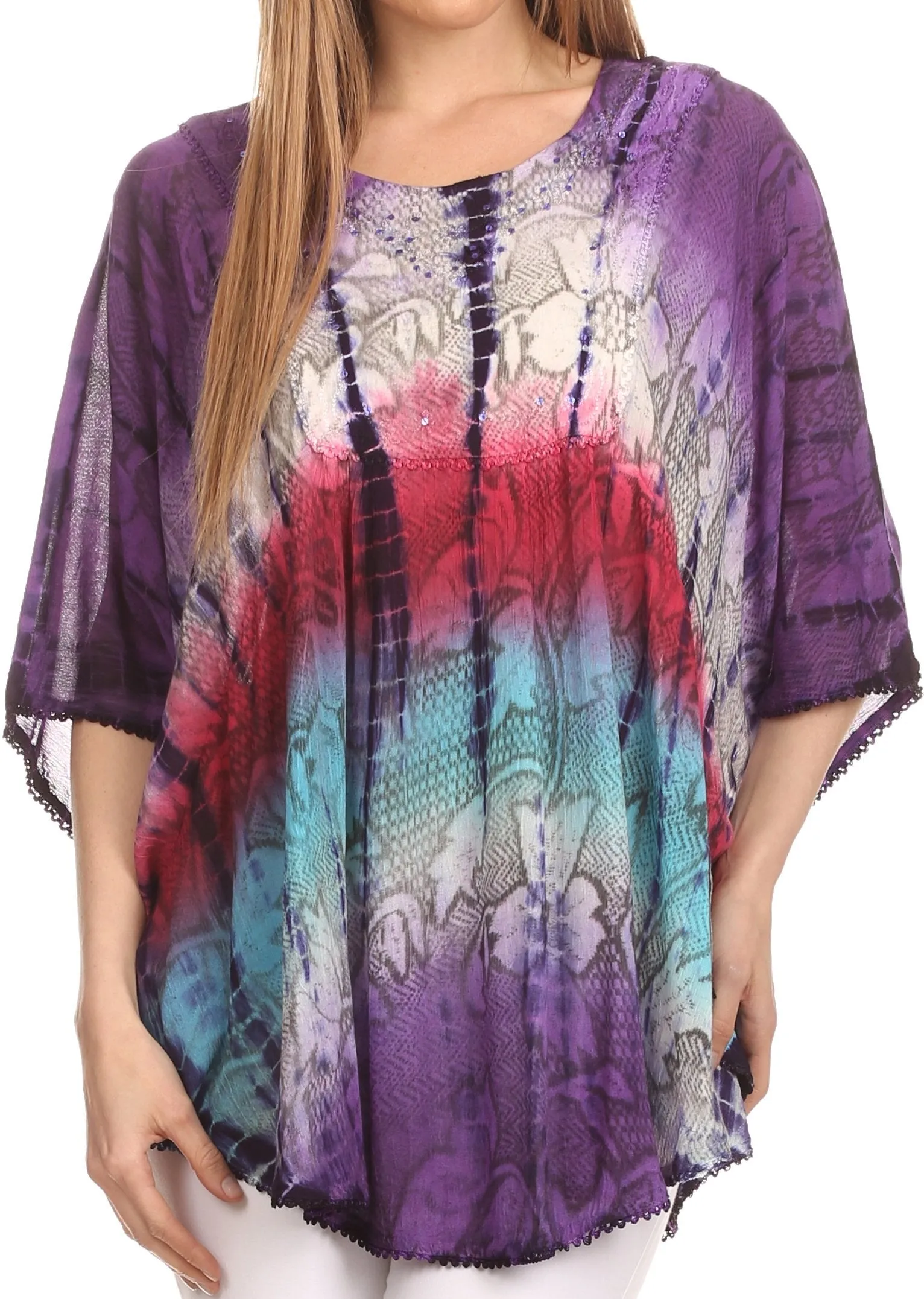 Sakkas Ellesa Ombre Tie Dye Circle Poncho Blouse Shirt Top With Sequin Embroidery