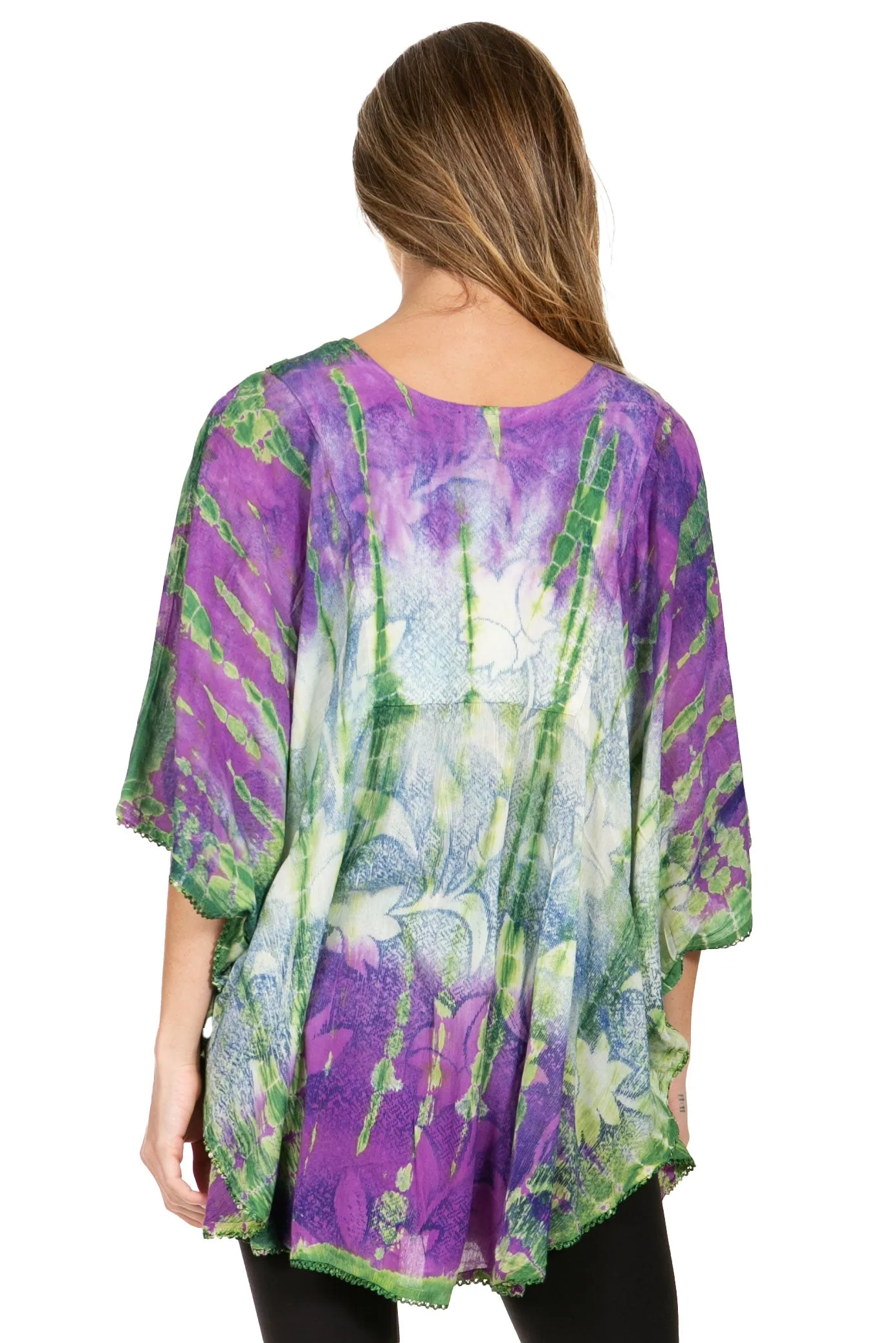 Sakkas Ellesa Ombre Tie Dye Circle Poncho Blouse Shirt Top With Sequin Embroidery