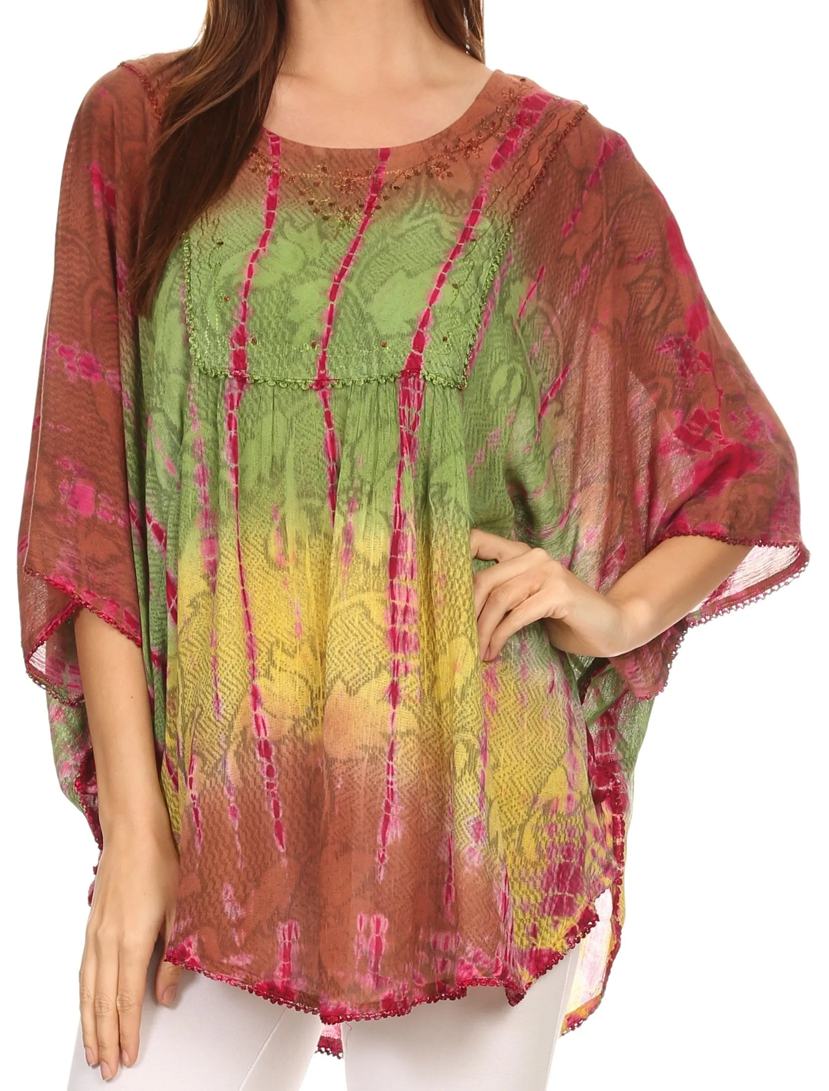 Sakkas Ellesa Ombre Tie Dye Circle Poncho Blouse Shirt Top With Sequin Embroidery