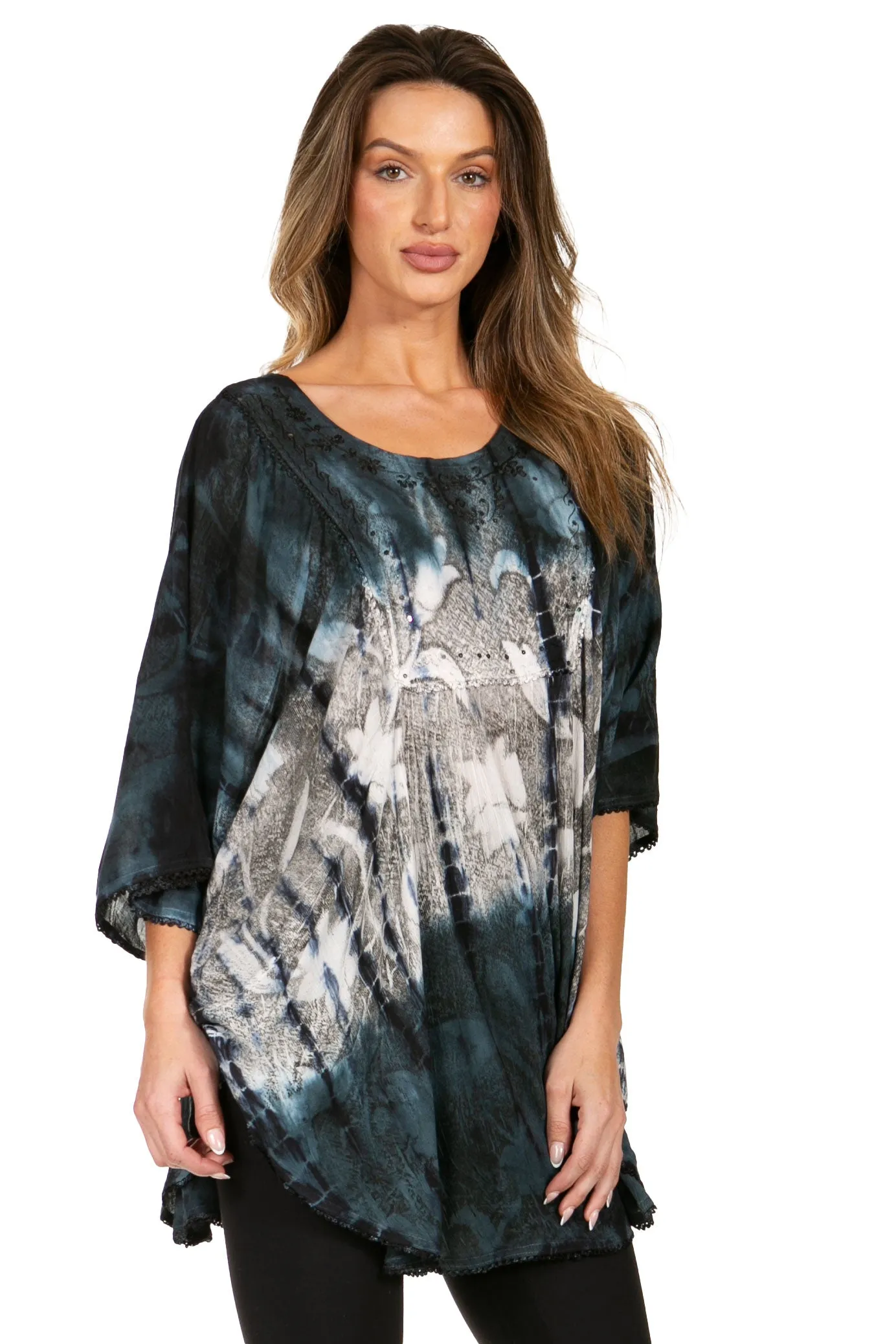 Sakkas Ellesa Ombre Tie Dye Circle Poncho Blouse Shirt Top With Sequin Embroidery