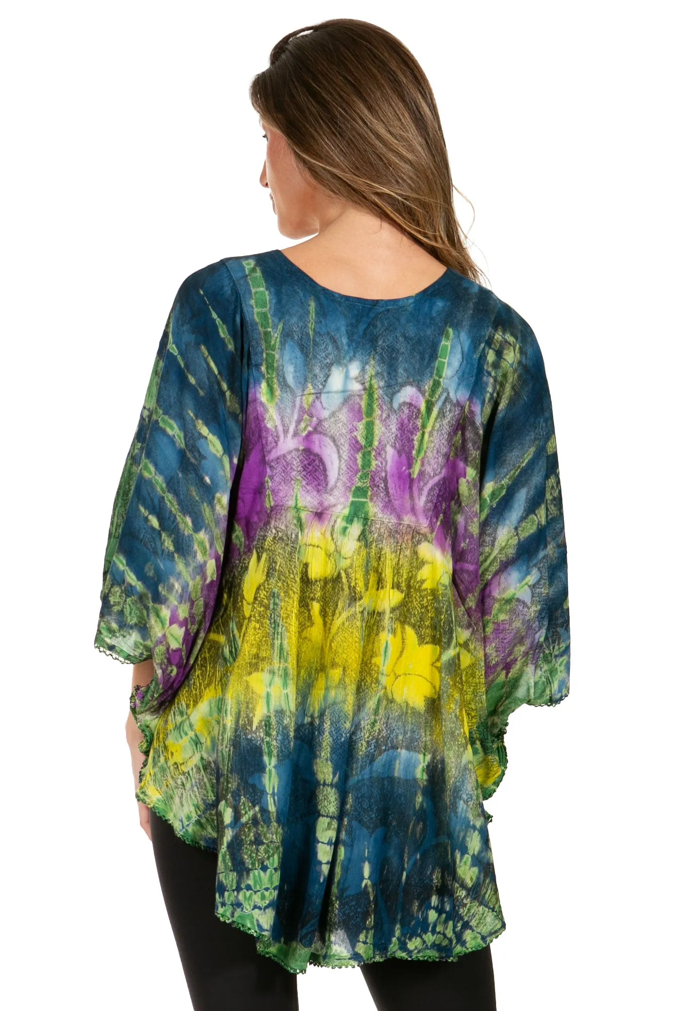 Sakkas Ellesa Ombre Tie Dye Circle Poncho Blouse Shirt Top With Sequin Embroidery