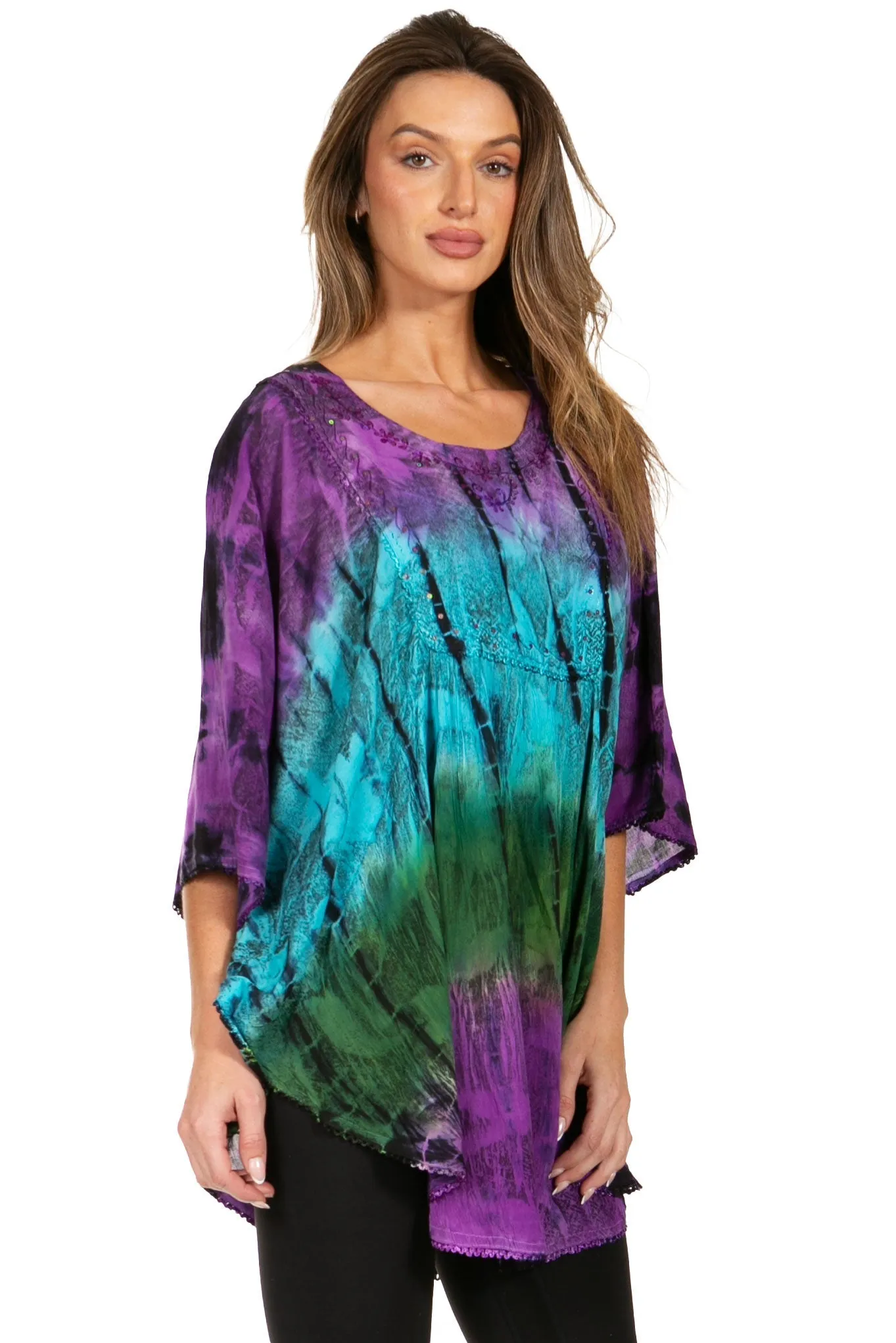 Sakkas Ellesa Ombre Tie Dye Circle Poncho Blouse Shirt Top With Sequin Embroidery