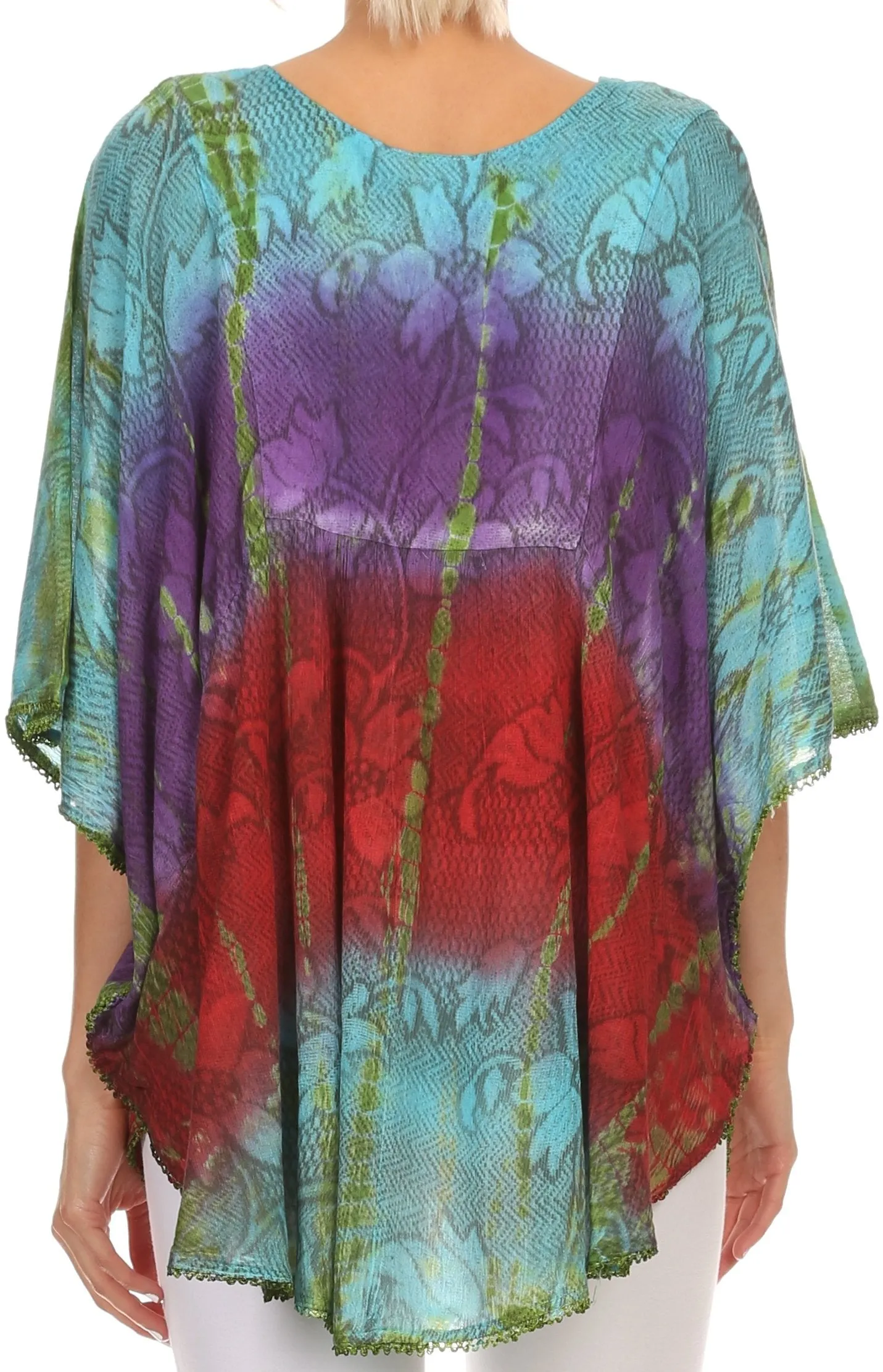 Sakkas Ellesa Ombre Tie Dye Circle Poncho Blouse Shirt Top With Sequin Embroidery