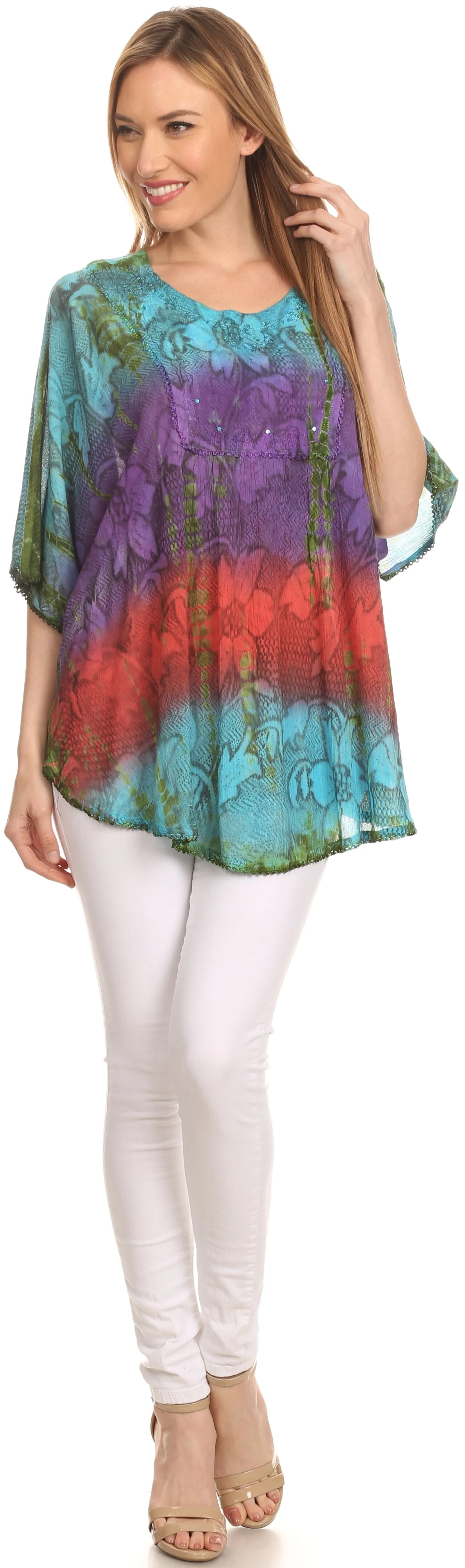 Sakkas Ellesa Ombre Tie Dye Circle Poncho Blouse Shirt Top With Sequin Embroidery