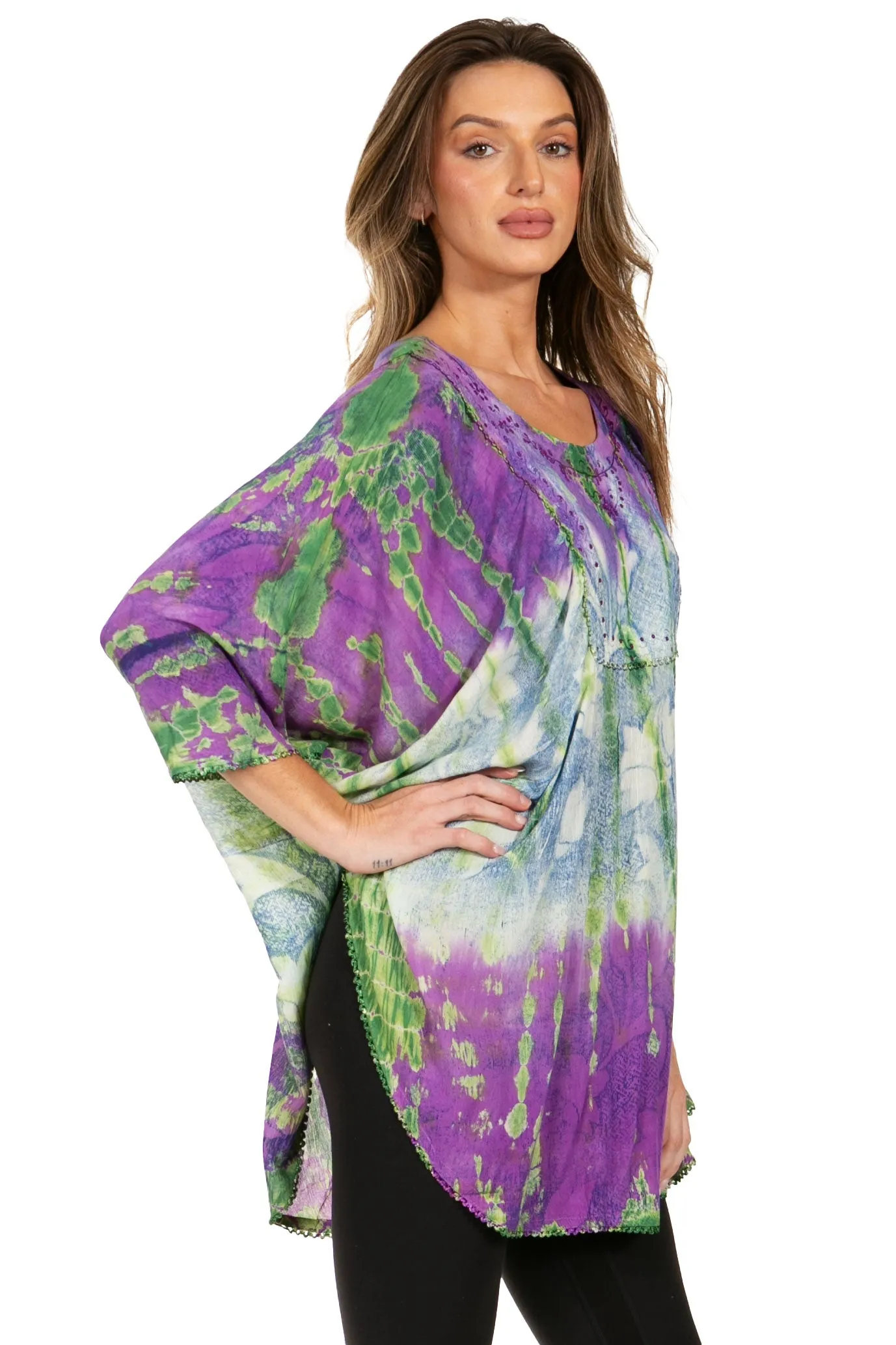 Sakkas Ellesa Ombre Tie Dye Circle Poncho Blouse Shirt Top With Sequin Embroidery