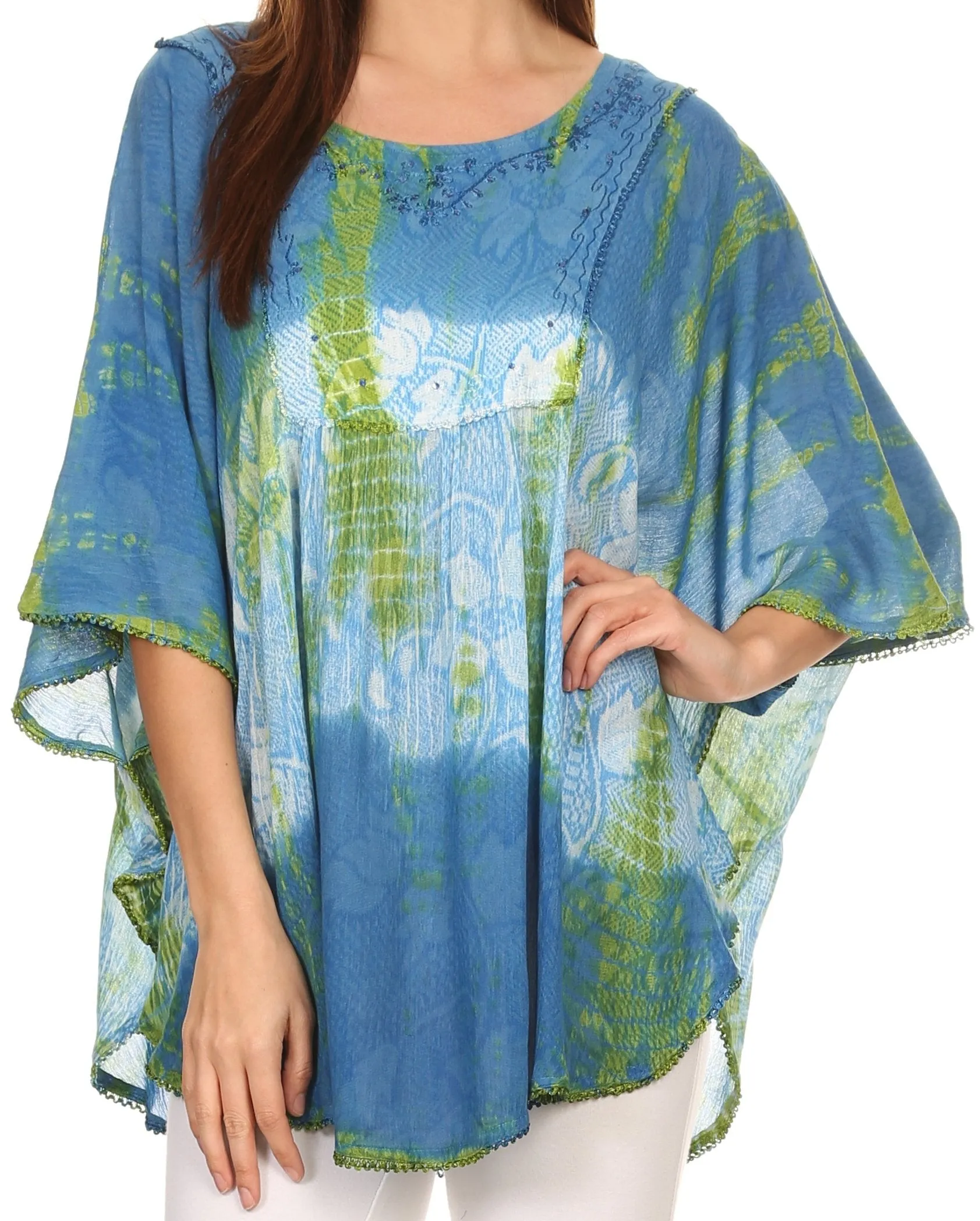 Sakkas Ellesa Ombre Tie Dye Circle Poncho Blouse Shirt Top With Sequin Embroidery