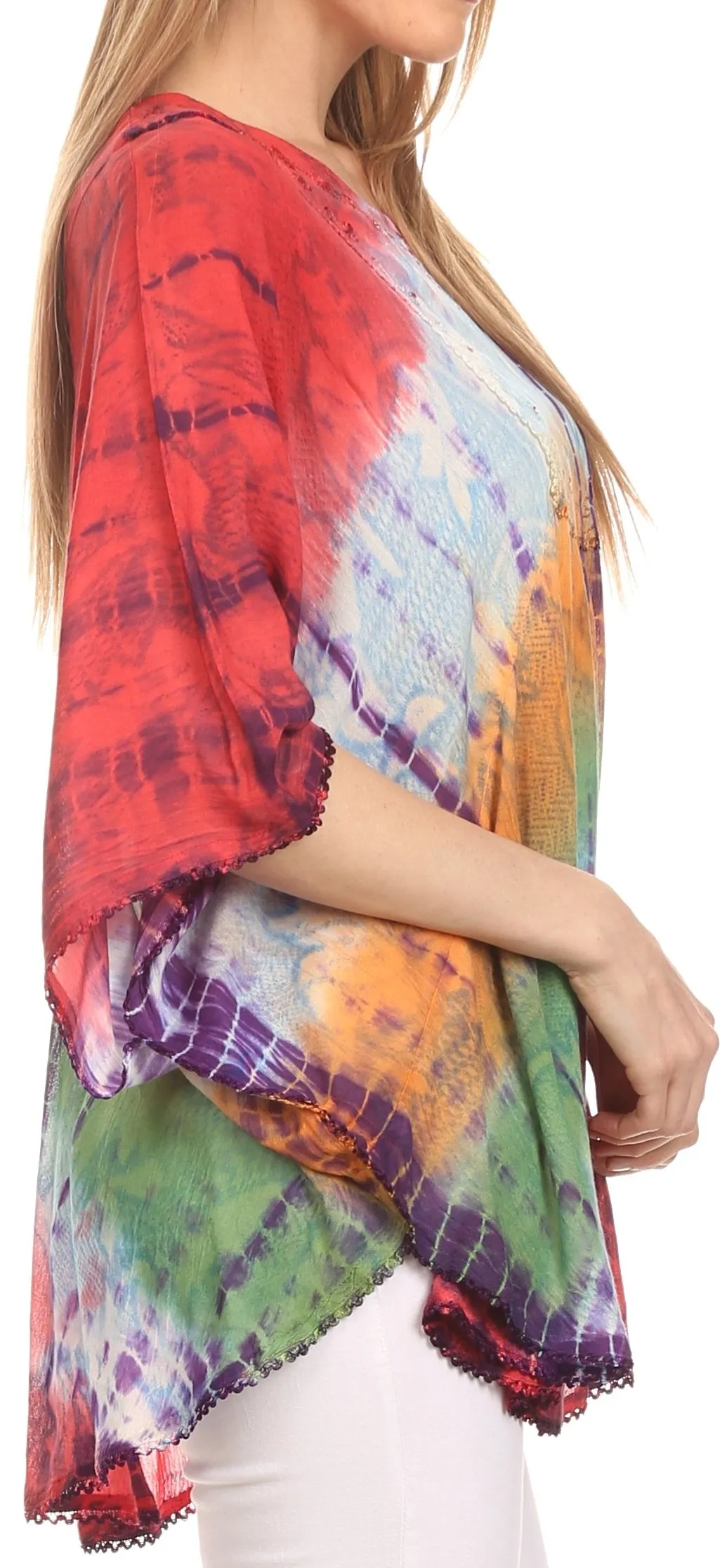 Sakkas Ellesa Ombre Tie Dye Circle Poncho Blouse Shirt Top With Sequin Embroidery