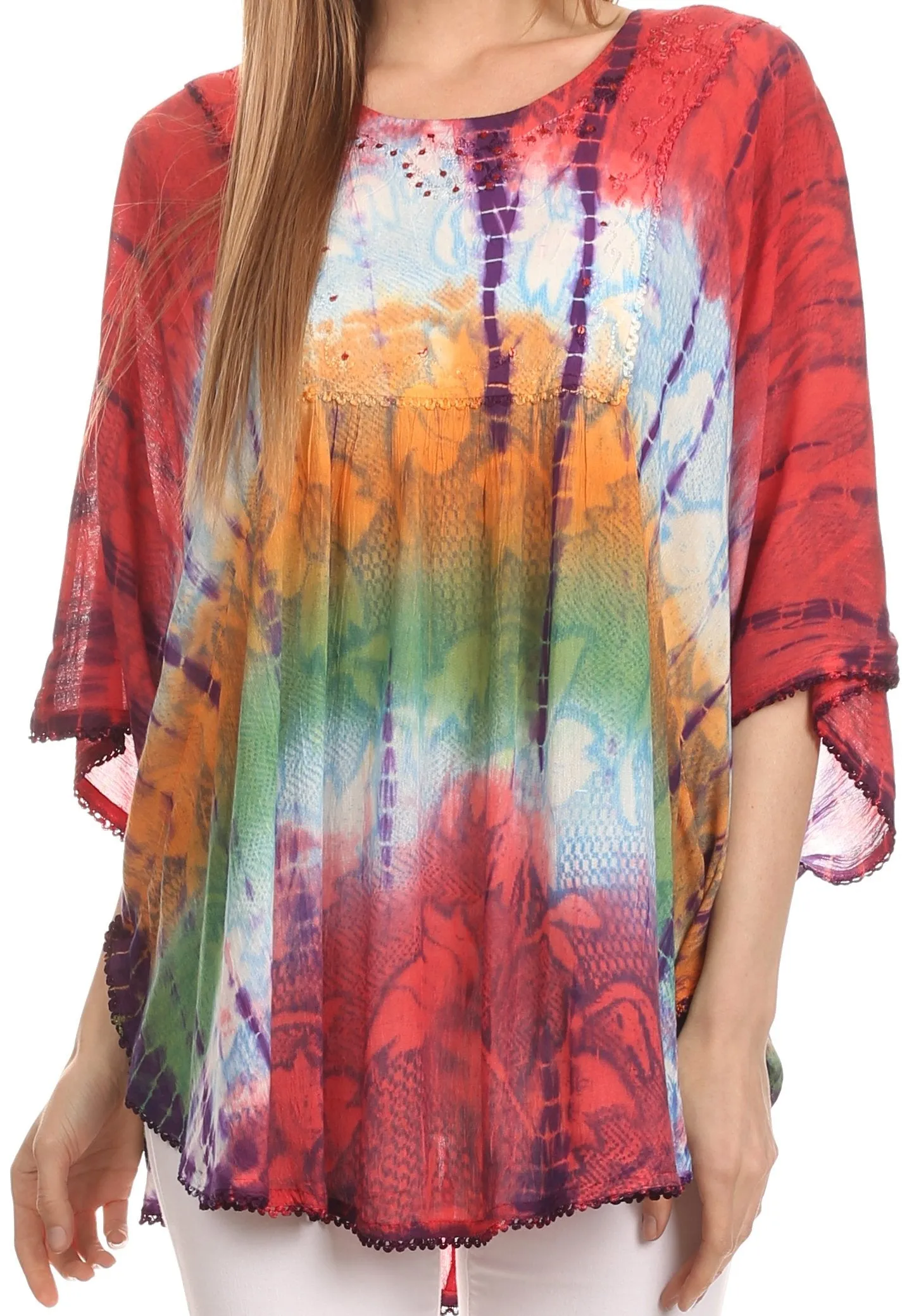 Sakkas Ellesa Ombre Tie Dye Circle Poncho Blouse Shirt Top With Sequin Embroidery