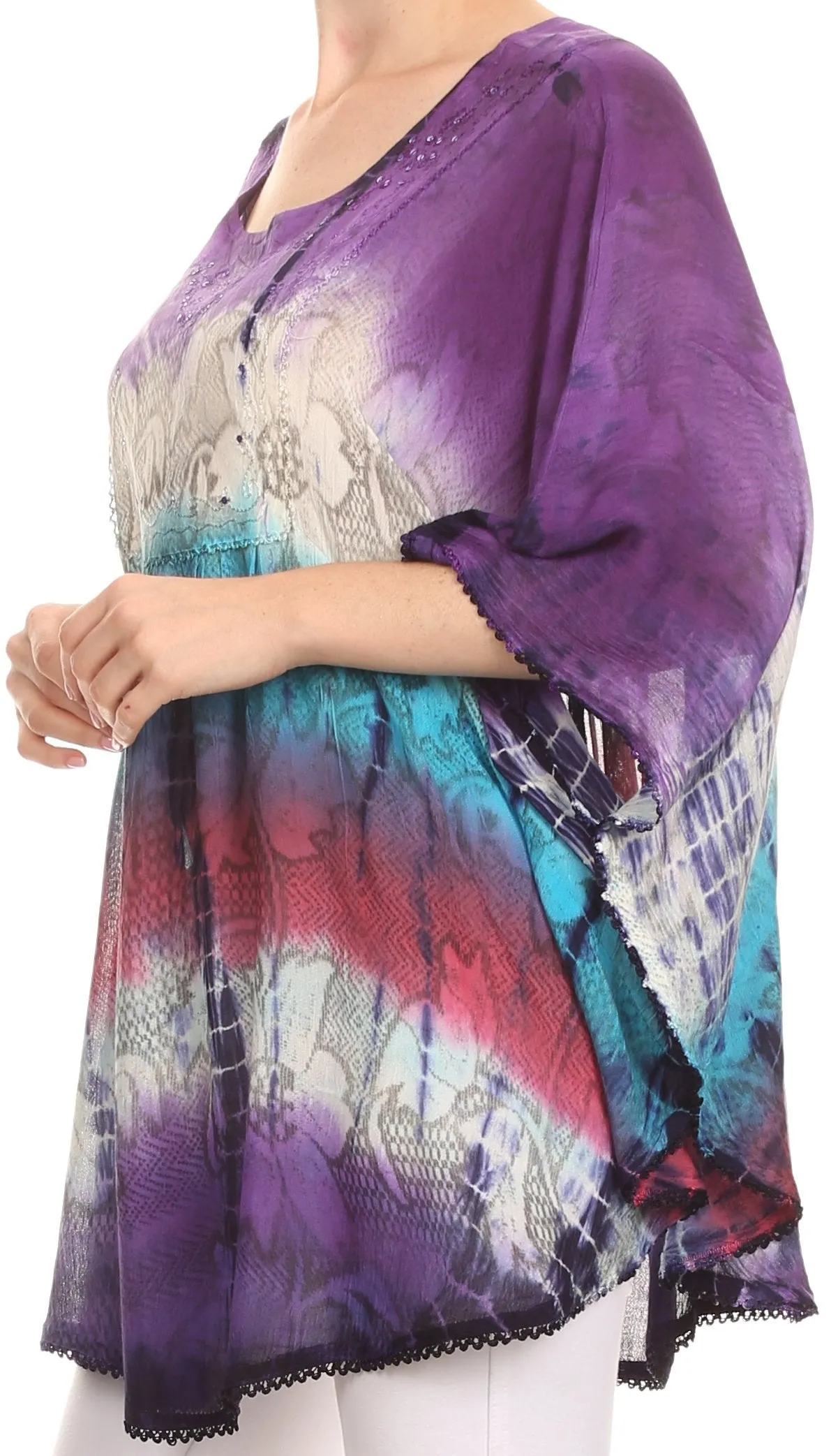 Sakkas Ellesa Ombre Tie Dye Circle Poncho Blouse Shirt Top With Sequin Embroidery