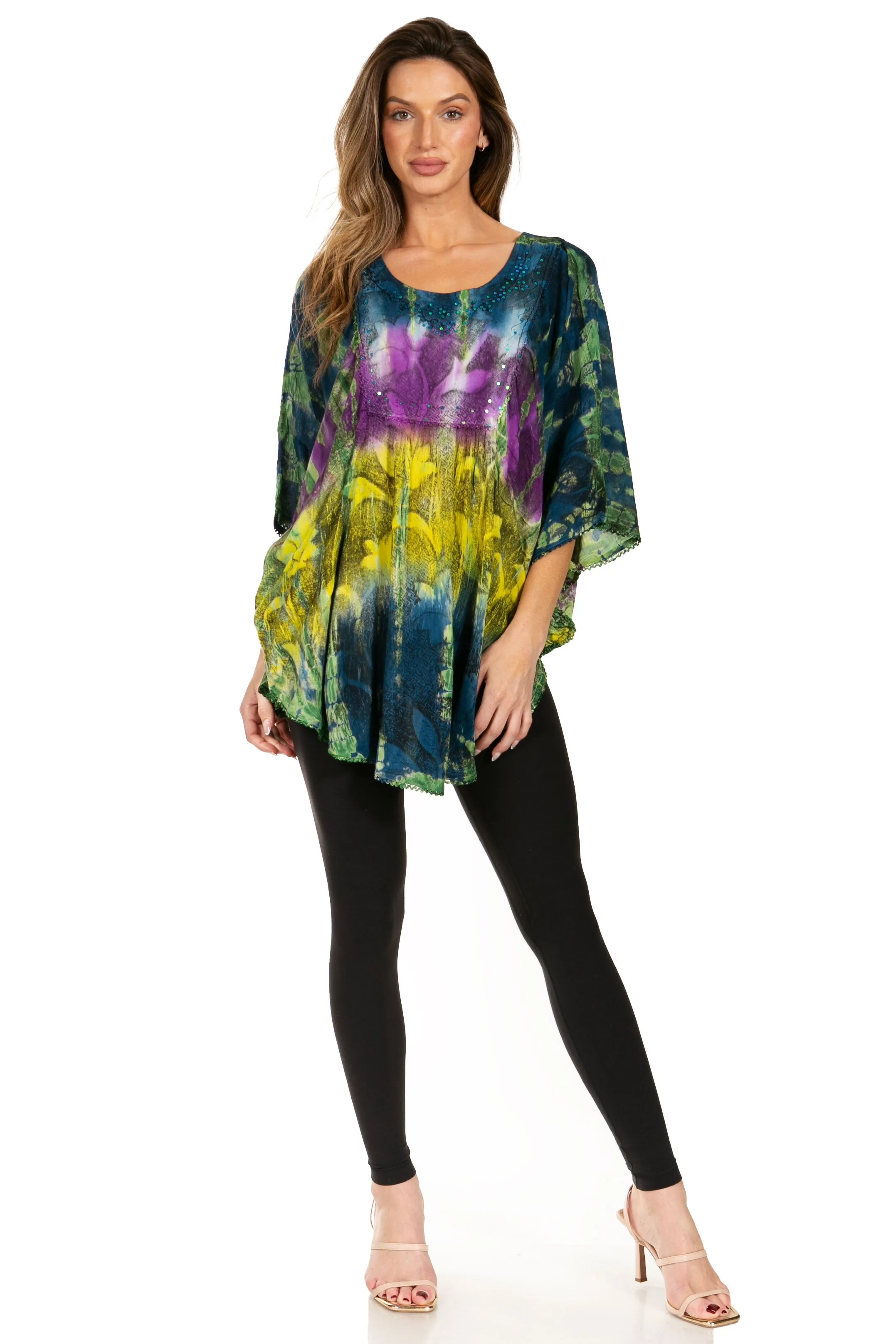 Sakkas Ellesa Ombre Tie Dye Circle Poncho Blouse Shirt Top With Sequin Embroidery