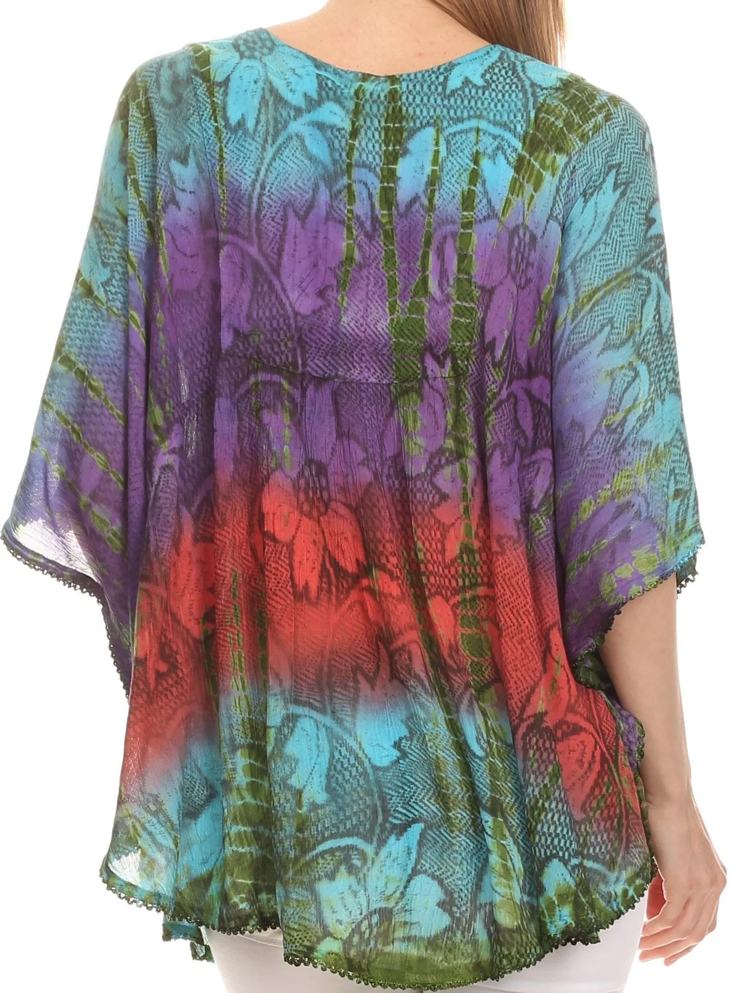 Sakkas Ellesa Ombre Tie Dye Circle Poncho Blouse Shirt Top With Sequin Embroidery