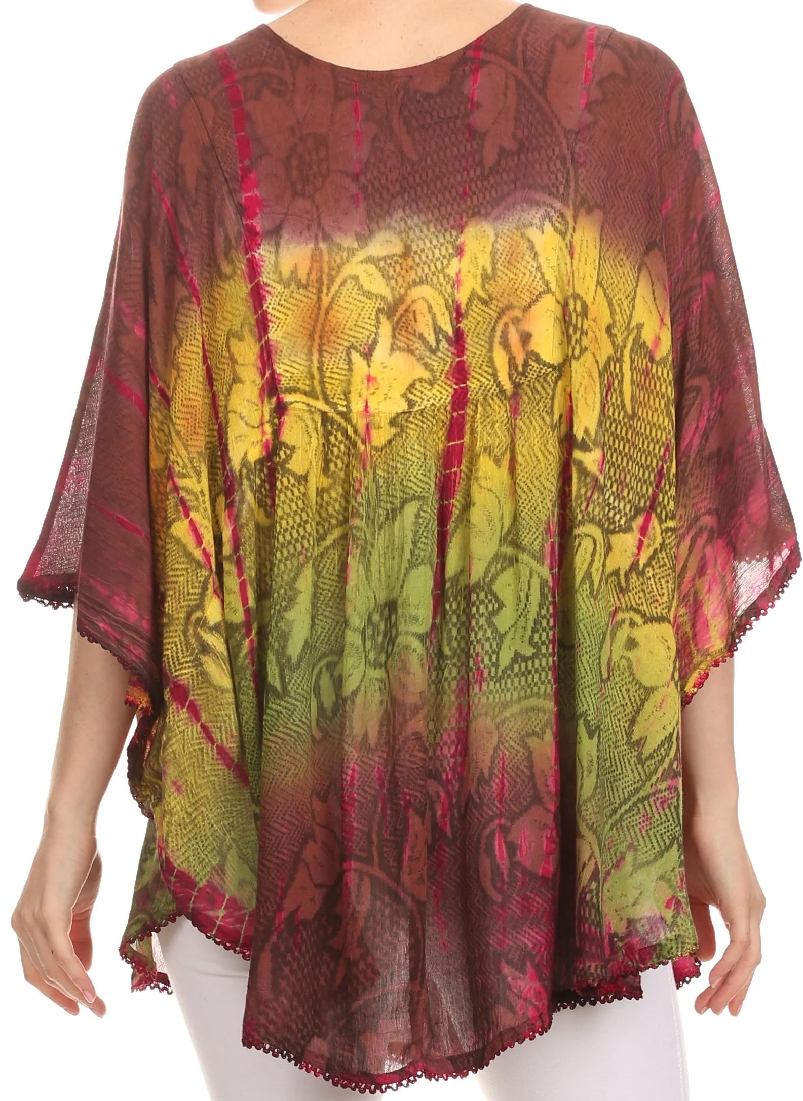 Sakkas Ellesa Ombre Tie Dye Circle Poncho Blouse Shirt Top With Sequin Embroidery