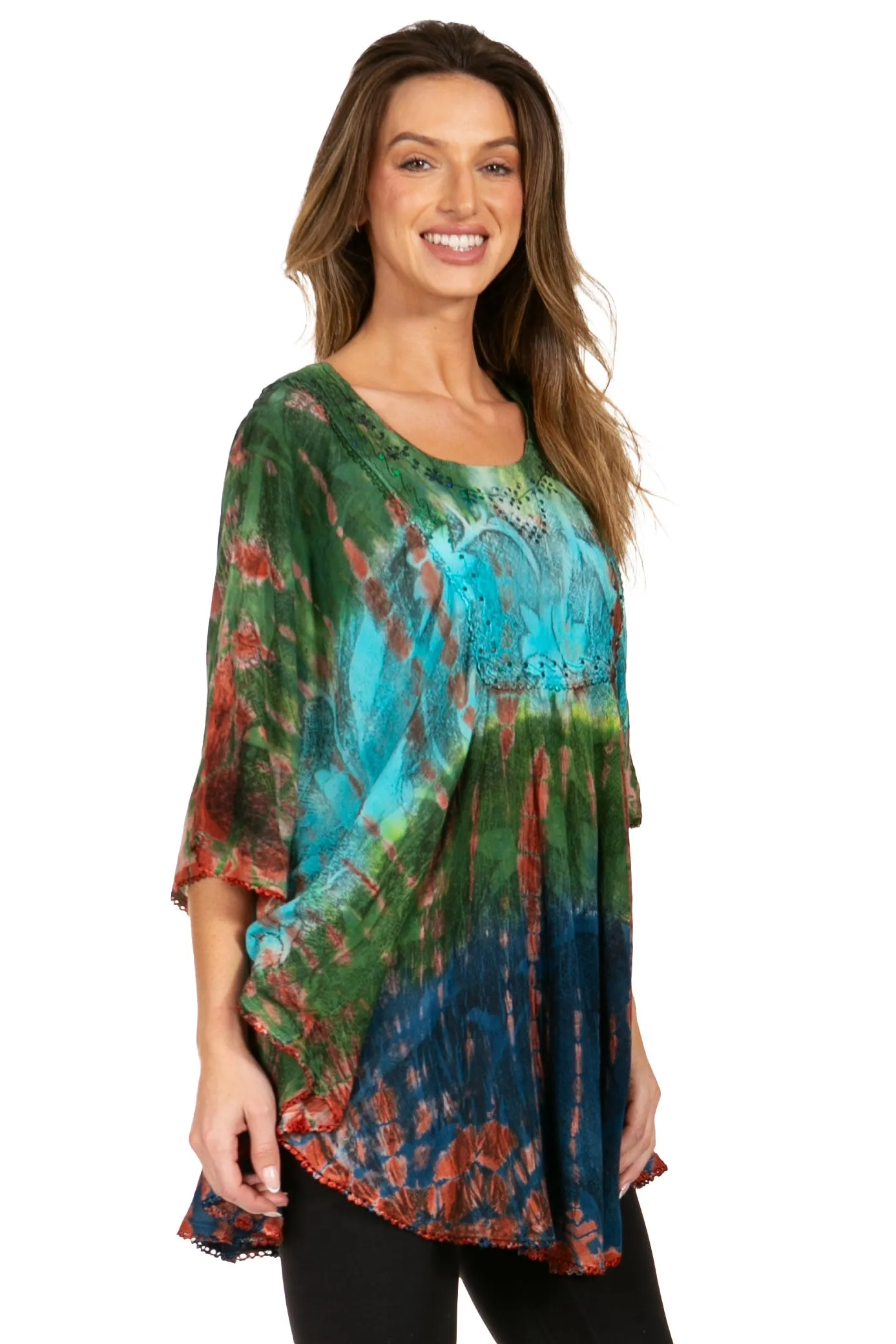 Sakkas Ellesa Ombre Tie Dye Circle Poncho Blouse Shirt Top With Sequin Embroidery