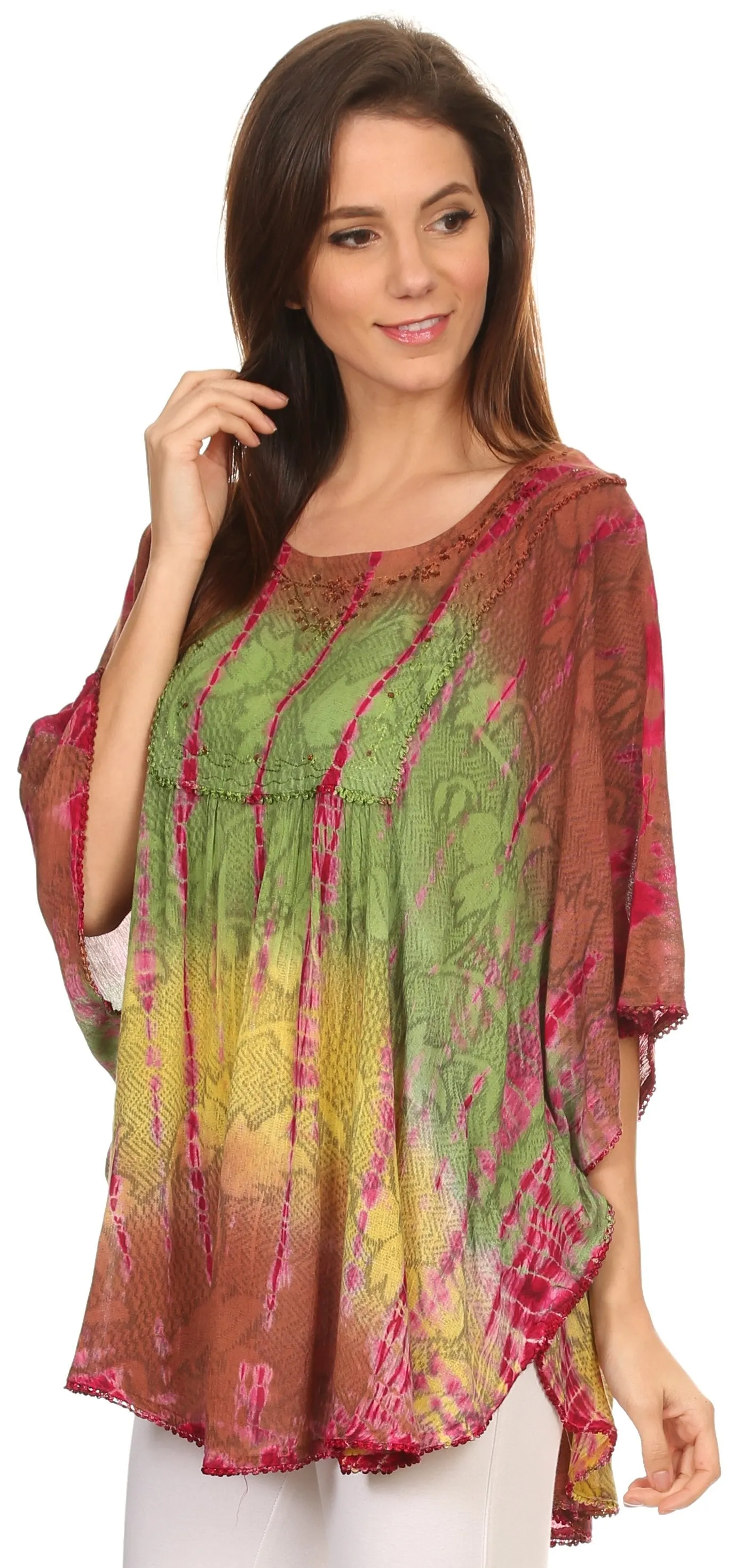 Sakkas Ellesa Ombre Tie Dye Circle Poncho Blouse Shirt Top With Sequin Embroidery