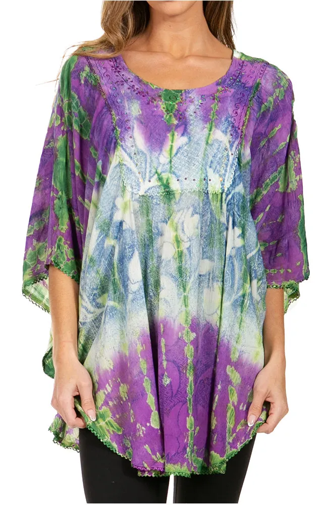 Sakkas Ellesa Ombre Tie Dye Circle Poncho Blouse Shirt Top With Sequin Embroidery