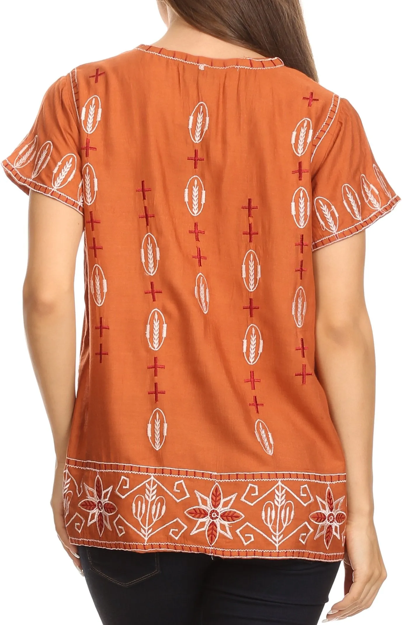 Sakkas Jile Wide Boxy Embroidered Short Sleeve Tassel Tie Top Shirt Tunic Blouse