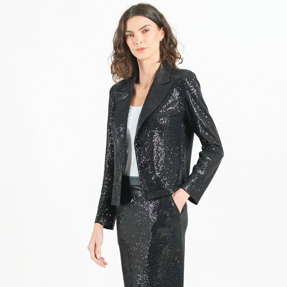 Sequin Knit - Modern Button Blazer - Black