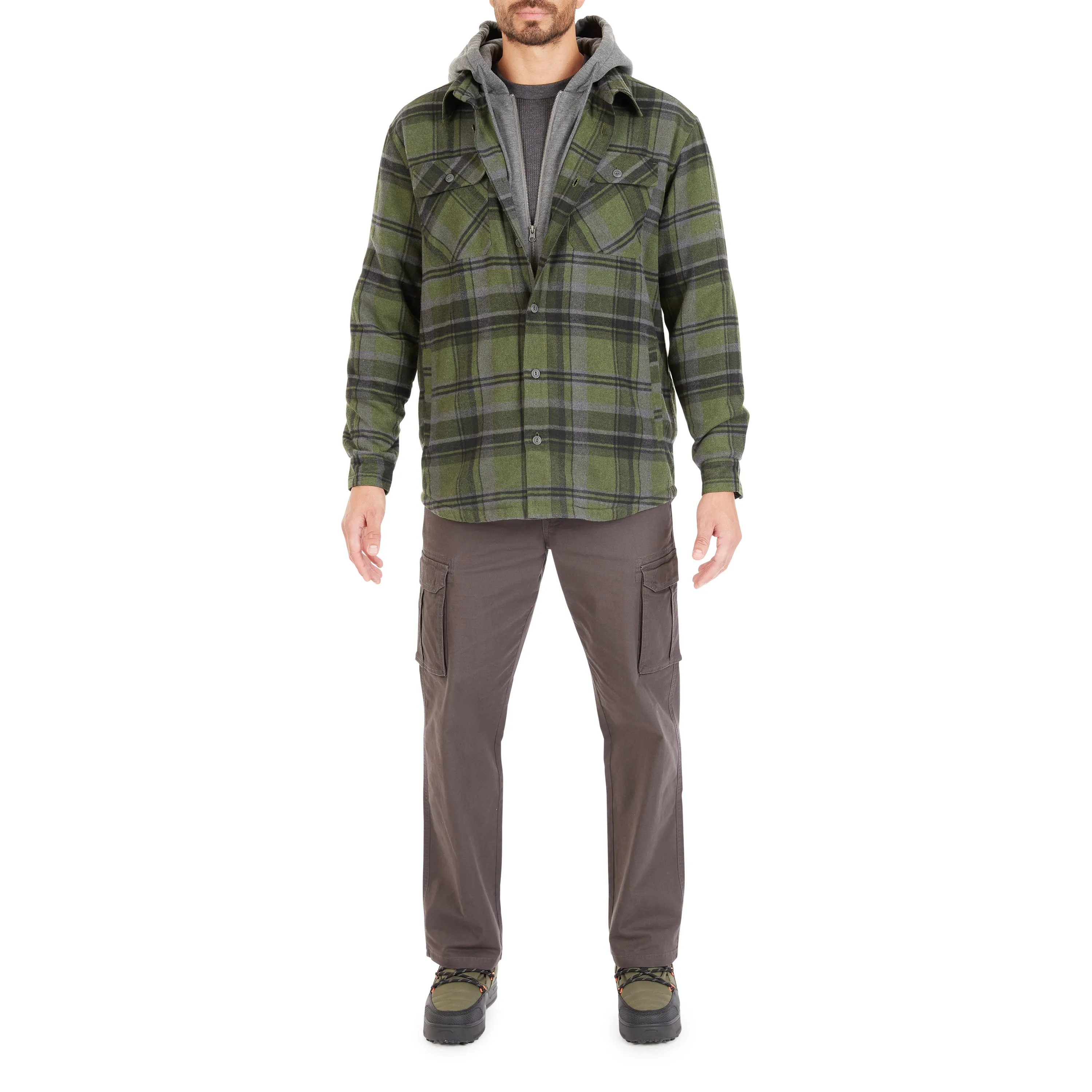 SHERPA-LINED HOODED FLANNEL SHIRT-JACKET