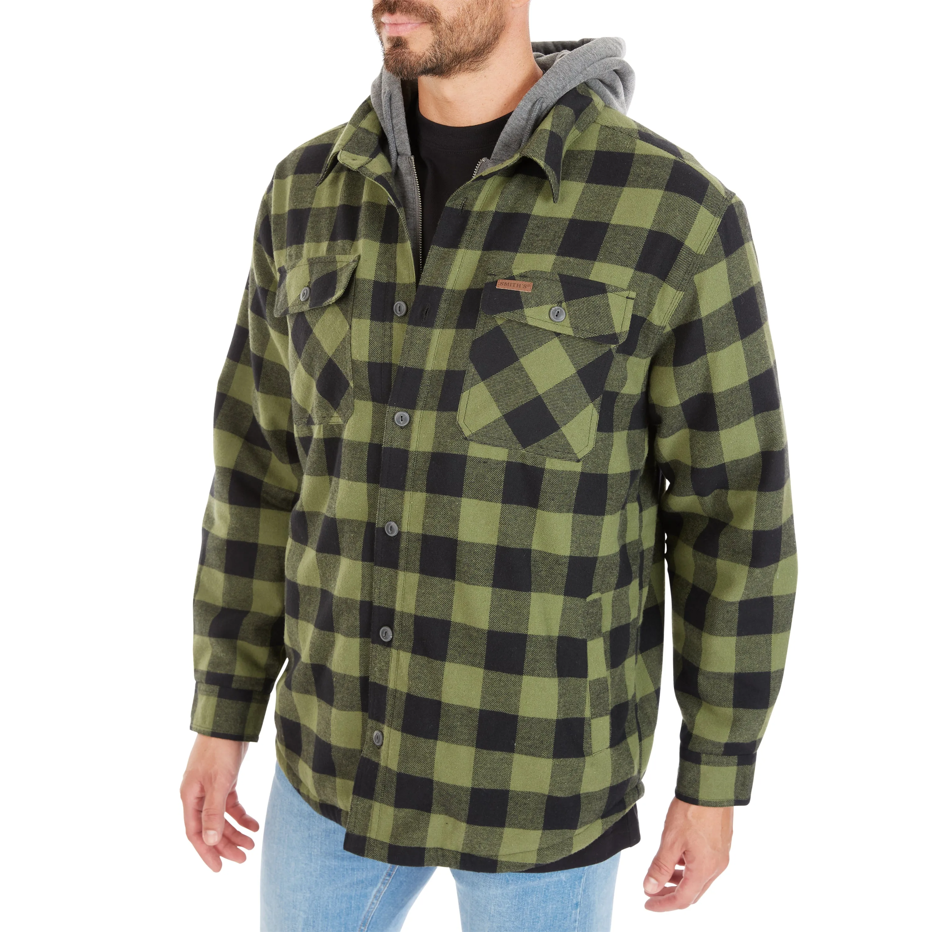 SHERPA-LINED HOODED FLANNEL SHIRT-JACKET