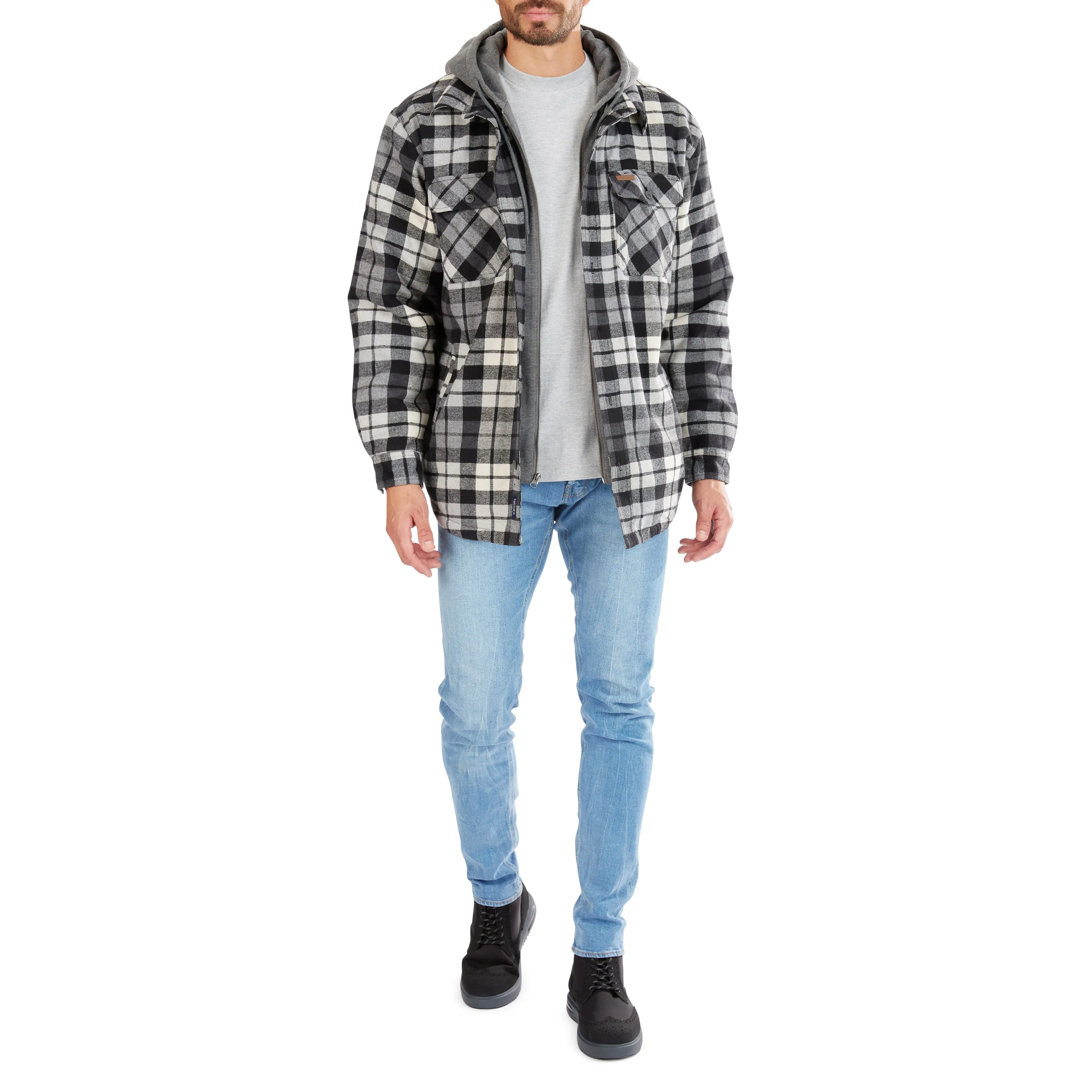 SHERPA-LINED HOODED FLANNEL SHIRT-JACKET