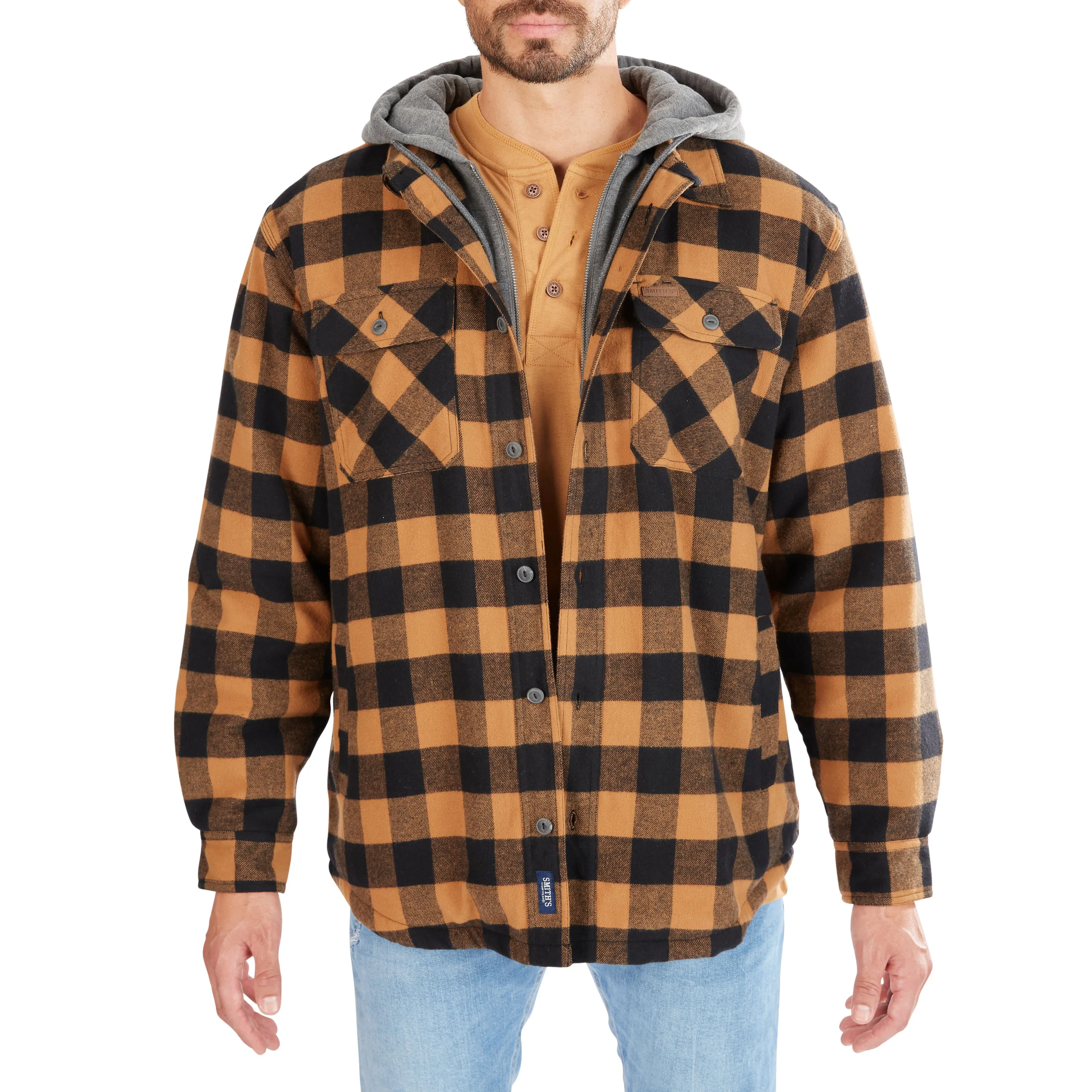 SHERPA-LINED HOODED FLANNEL SHIRT-JACKET