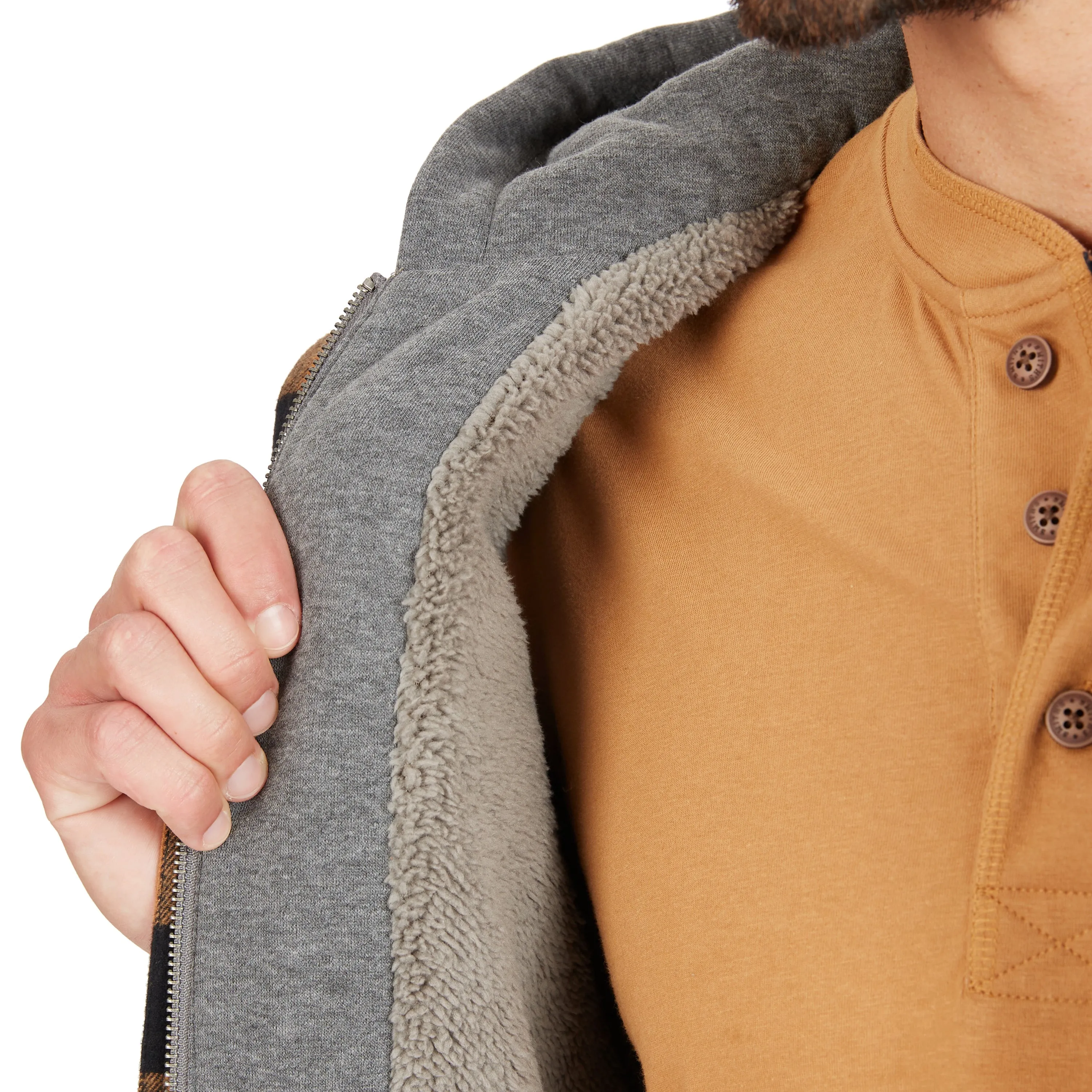 SHERPA-LINED HOODED FLANNEL SHIRT-JACKET